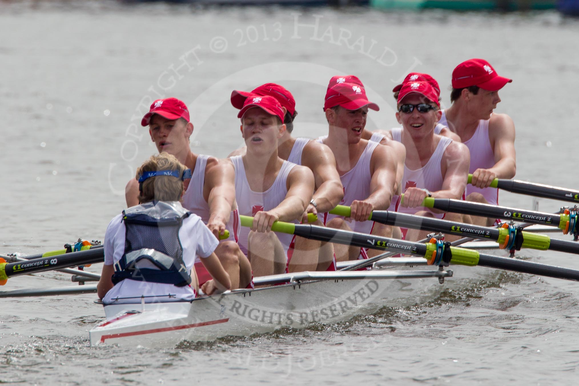 Henley Royal Regatta 2012 (Thursday): Race 41, Princess Elizabeth Challenge Cup:  Radley College (147, Bucks) v Bedford Modern School (124, Berks).
River Thames beteen Henley-on-Thames and Remenham/Temple Island ,
Henley-on-Thames,
Oxfordshire,
United Kingdom,
on 28 June 2012 at 14:38, image #298