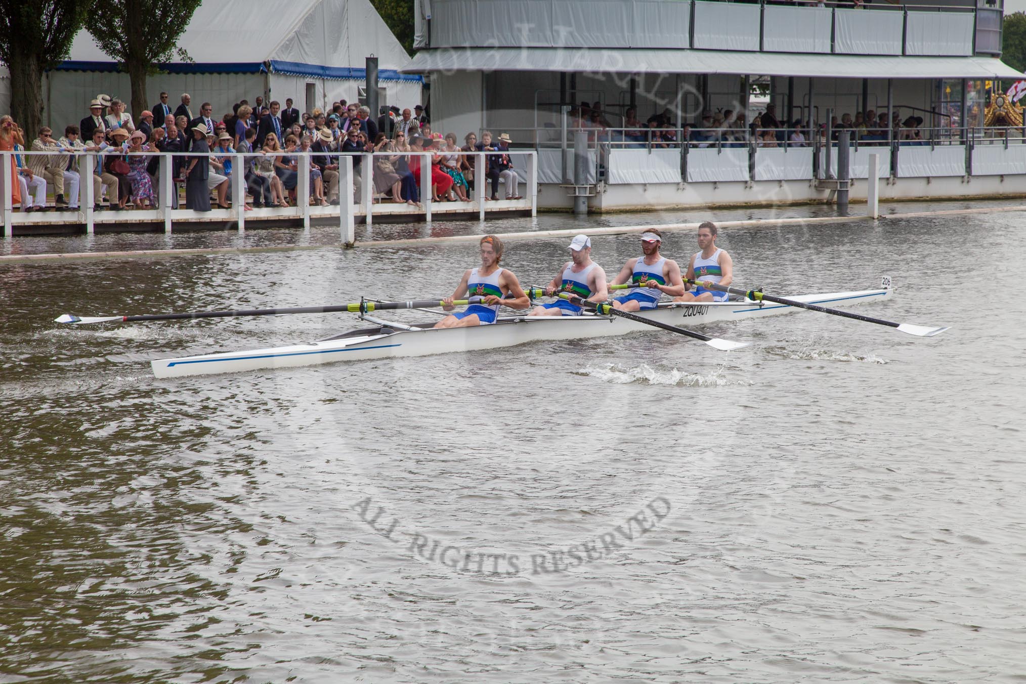 Henley Royal Regatta 2012 (Thursday): Race 42, Visitors' Challenge Cup:  Nottingham University 'B' (203, Bucks) v Queen's University, Belfast (204, Berks).
River Thames beteen Henley-on-Thames and Remenham/Temple Island ,
Henley-on-Thames,
Oxfordshire,
United Kingdom,
on 28 June 2012 at 14:42, image #303