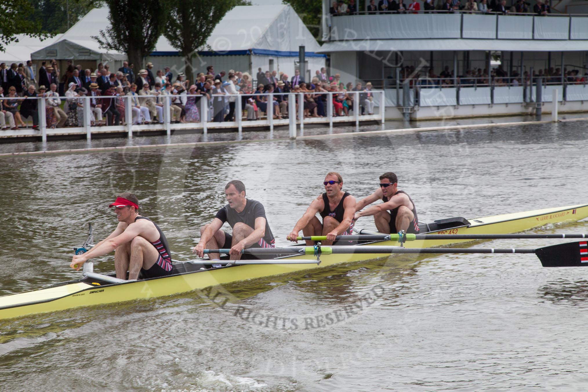 Henley Royal Regatta 2012 (Thursday): Race 42, Wyford Challenge Cup:  Thames Rowing Club (243, Bucks) v Nottingham Rowing Club 'B' (232, Berks).
River Thames beteen Henley-on-Thames and Remenham/Temple Island ,
Henley-on-Thames,
Oxfordshire,
United Kingdom,
on 28 June 2012 at 14:49, image #312
