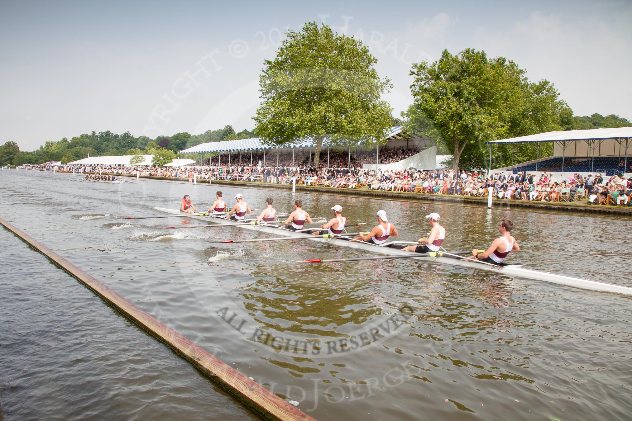 Henley Royal Regatta 2012 (Thursday): Race 46, Temple Challenge Cup:  Harvard University 'B' (77, Bucks) v Southampton University (103, Berks).
River Thames beteen Henley-on-Thames and Remenham/Temple Island ,
Henley-on-Thames,
Oxfordshire,
United Kingdom,
on 28 June 2012 at 15:06, image #333