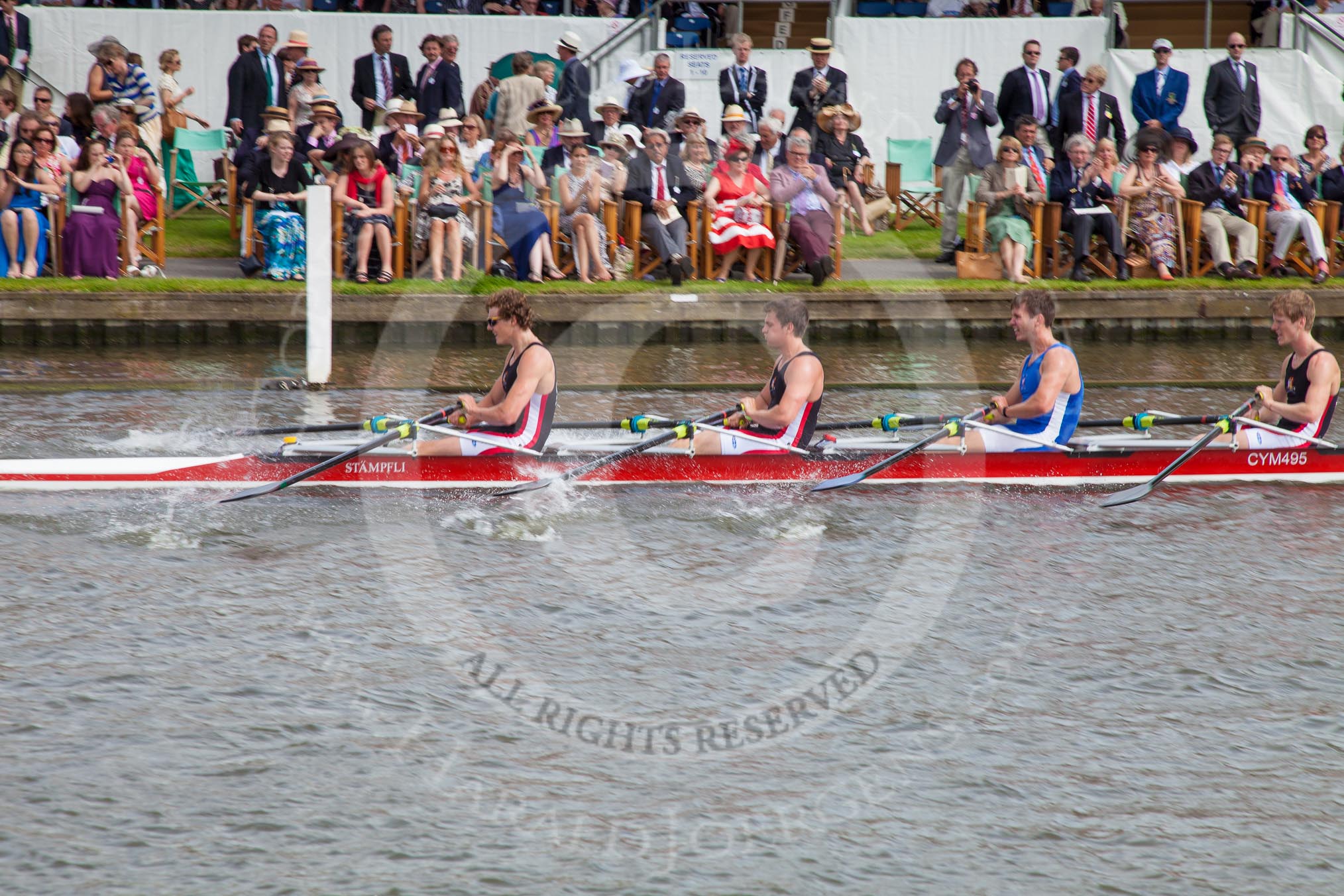 Henley Royal Regatta 2012 (Thursday): Race 49, Prince of Wales Challenge Cup:  The Tideway Scullers' School (285, Bucks) v Cardiff University and Cardiff City Rowing Club (267, Berks).
River Thames beteen Henley-on-Thames and Remenham/Temple Island ,
Henley-on-Thames,
Oxfordshire,
United Kingdom,
on 28 June 2012 at 15:24, image #356