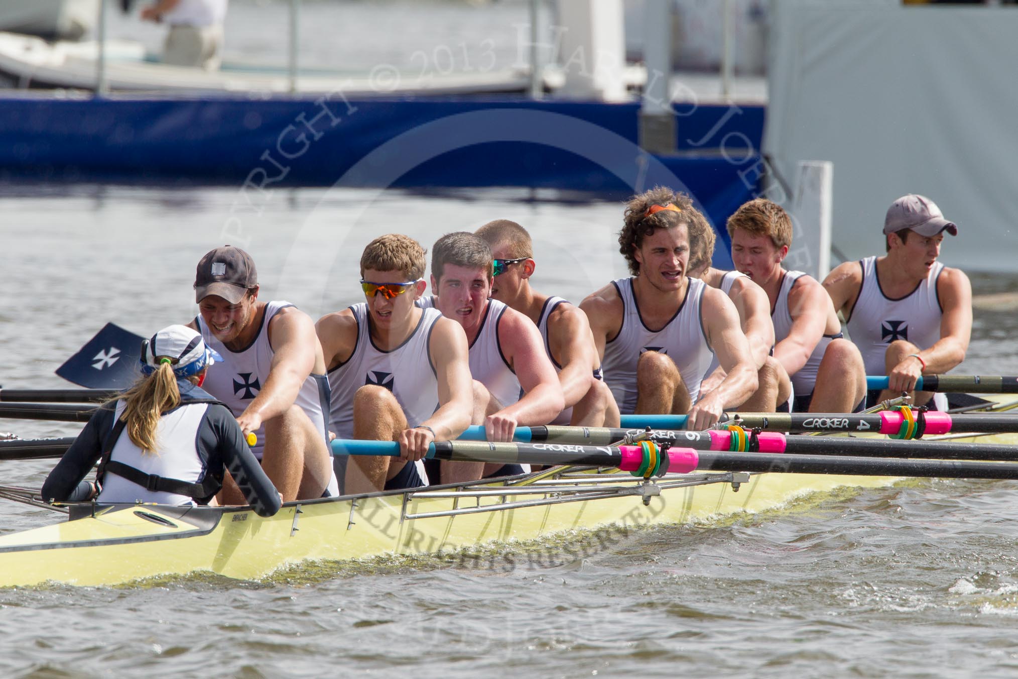 Henley Royal Regatta 2012 (Thursday): Race 57, Princess Elizabeth Challenge Cup:  Ridley College, Canada (149, Bucks) v Shrewsbury School (157, Berks).
River Thames beteen Henley-on-Thames and Remenham/Temple Island ,
Henley-on-Thames,
Oxfordshire,
United Kingdom,
on 28 June 2012 at 16:11, image #417