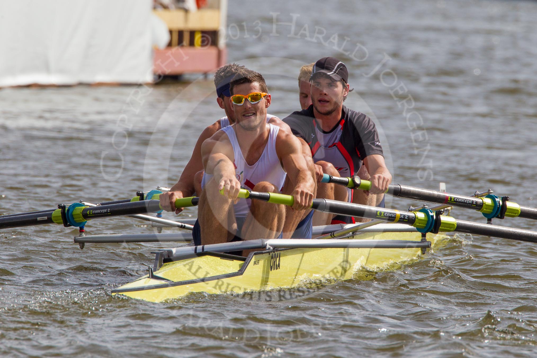 Henley Royal Regatta 2012 (Thursday): Race 58, Visitors' Challenge Cup:  University of London (210, Bucks) v Roeivereeniging Studenten Vreie Universiteit Okeanos und Algemene Utrechtse Studenten Roeivereeniging Orca, Holland (207, Berks).
River Thames beteen Henley-on-Thames and Remenham/Temple Island ,
Henley-on-Thames,
Oxfordshire,
United Kingdom,
on 28 June 2012 at 16:17, image #424