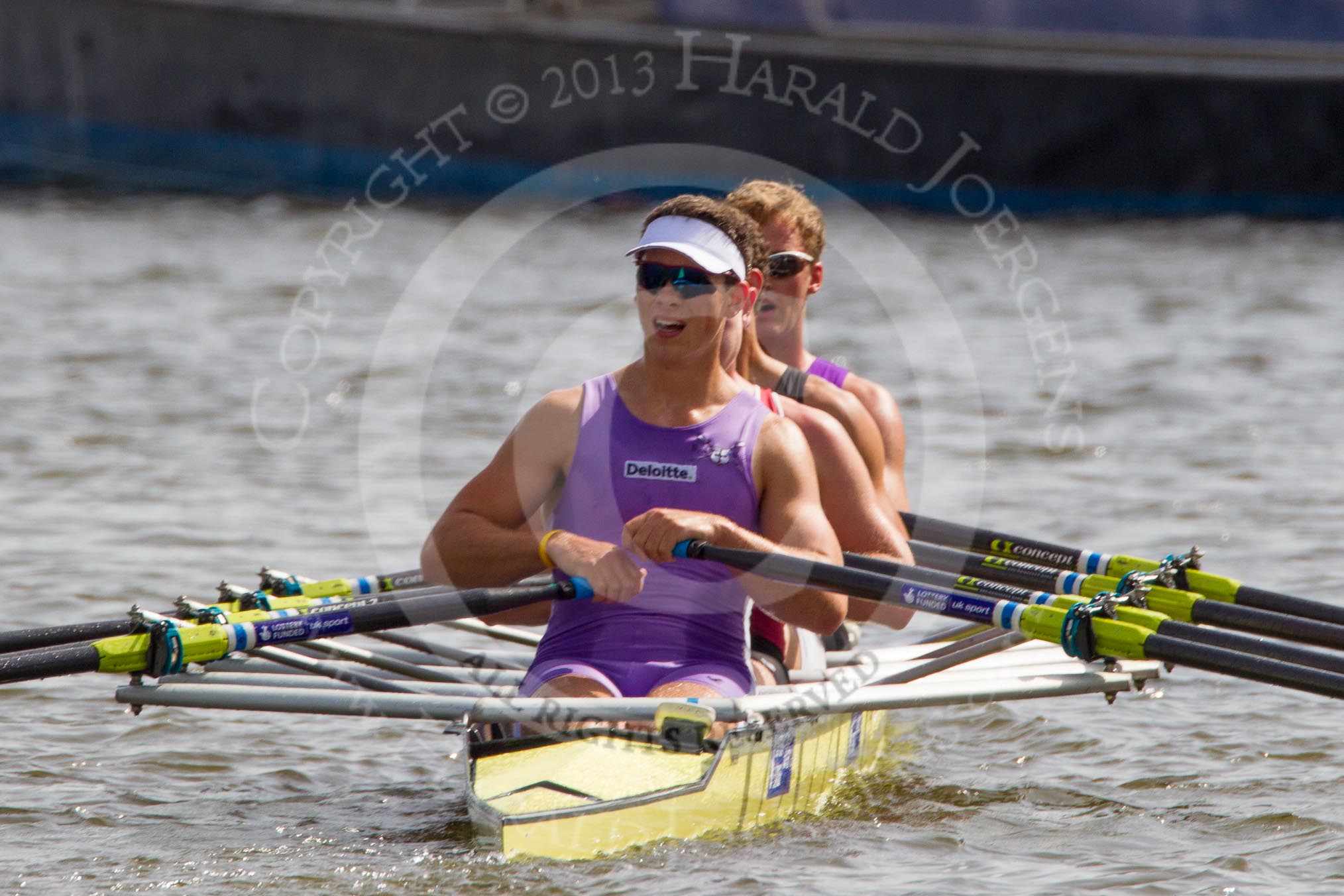 Henley Royal Regatta 2012 (Thursday): Race 59, Prince of Wales Challenge Cup:  Durham University and University of London (270, Bucks) v The Tideway Scullers' School and Stowe School (286, Berks).
River Thames beteen Henley-on-Thames and Remenham/Temple Island ,
Henley-on-Thames,
Oxfordshire,
United Kingdom,
on 28 June 2012 at 16:21, image #432