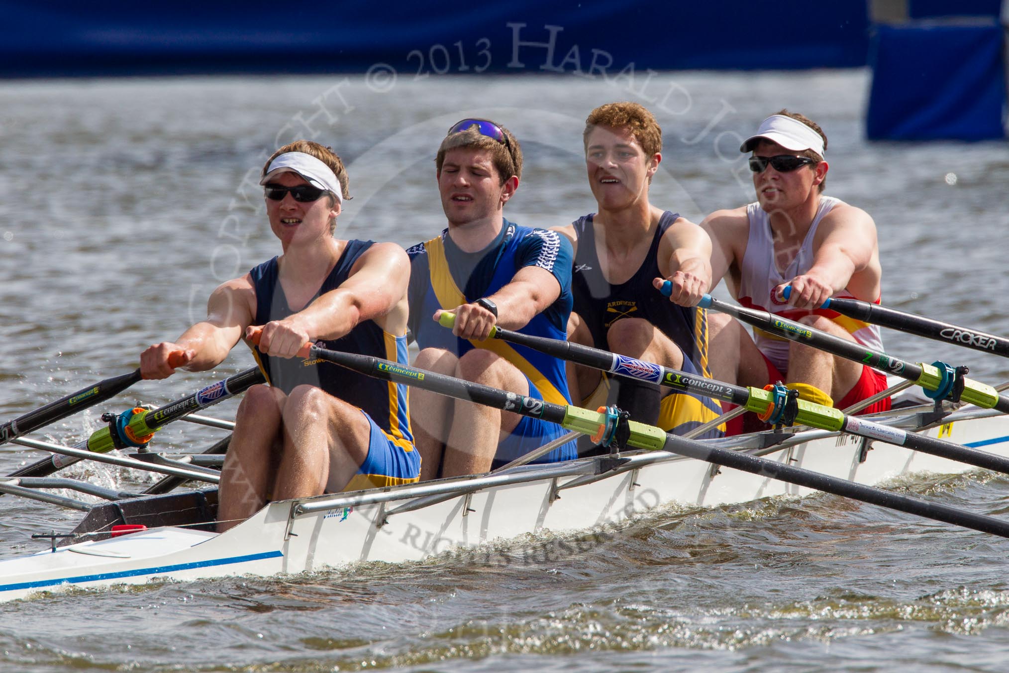 Henley Royal Regatta 2012 (Thursday): Race 59, Prince of Wales Challenge Cup:  Durham University and University of London (270, Bucks) v The Tideway Scullers' School and Stowe School (286, Berks).
River Thames beteen Henley-on-Thames and Remenham/Temple Island ,
Henley-on-Thames,
Oxfordshire,
United Kingdom,
on 28 June 2012 at 16:21, image #433