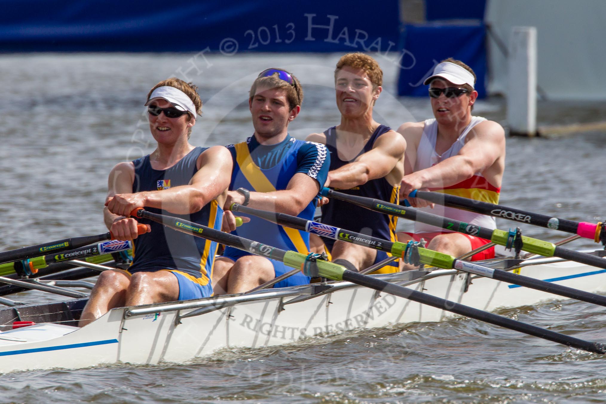 Henley Royal Regatta 2012 (Thursday): Race 59, Prince of Wales Challenge Cup:  Durham University and University of London (270, Bucks) v The Tideway Scullers' School and Stowe School (286, Berks).
River Thames beteen Henley-on-Thames and Remenham/Temple Island ,
Henley-on-Thames,
Oxfordshire,
United Kingdom,
on 28 June 2012 at 16:21, image #434