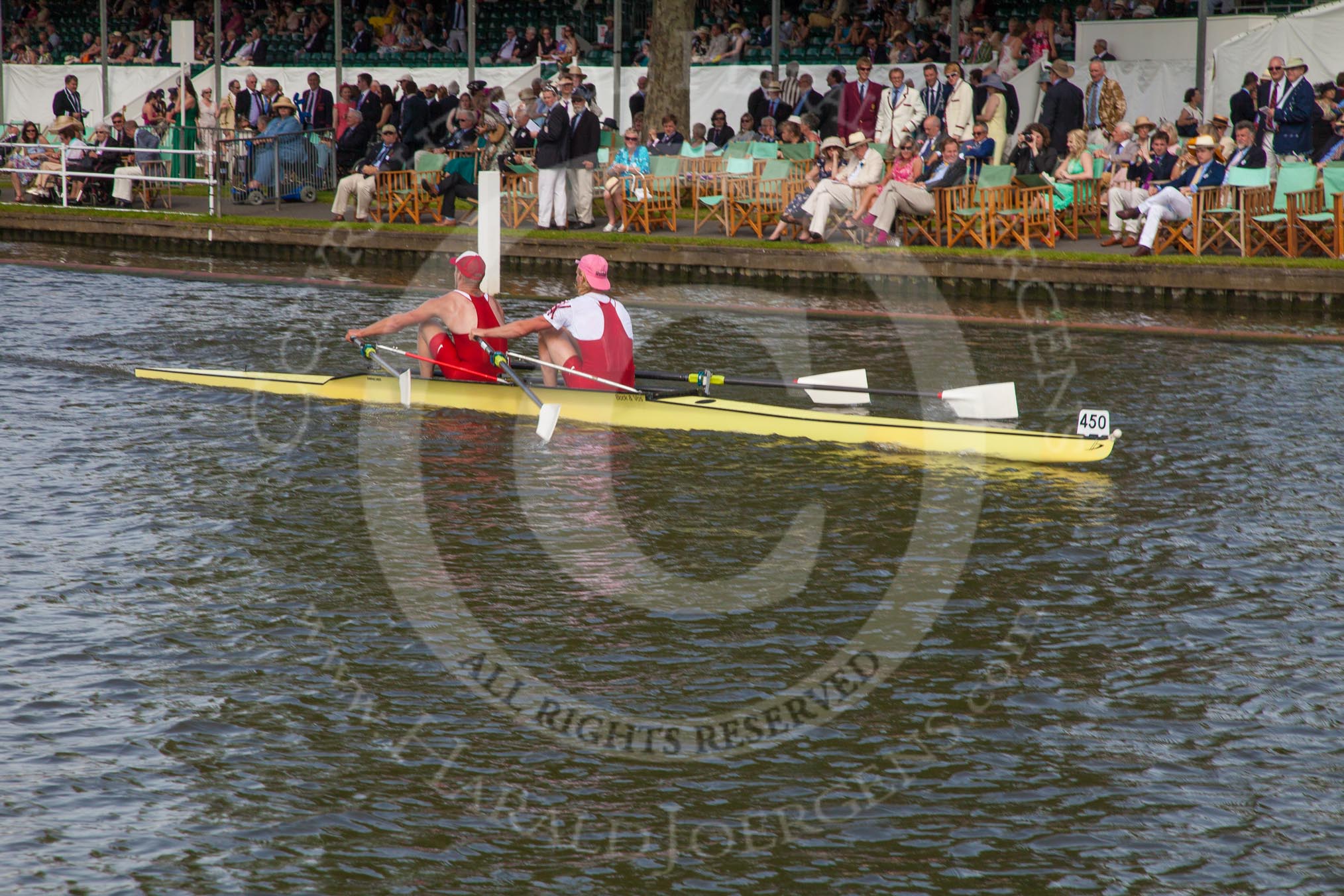 Henley Royal Regatta 2012 (Thursday): Race 60, Double Sculls Challenge Cup:  Northwich Rowing Club and Eastbourne Rowing Club (442, Bucks) v University of Groningenand Amsterdamsche Studenten Roeivereeniging Nereus, Holland (450, Berks).
River Thames beteen Henley-on-Thames and Remenham/Temple Island ,
Henley-on-Thames,
Oxfordshire,
United Kingdom,
on 28 June 2012 at 16:27, image #435
