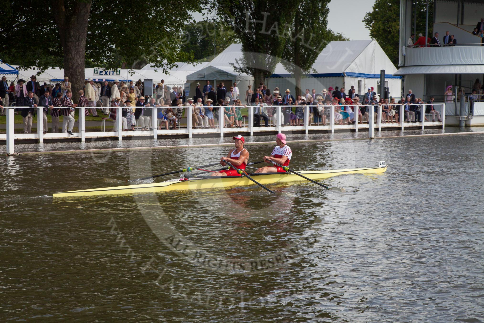 Henley Royal Regatta 2012 (Thursday): Race 60, Double Sculls Challenge Cup:  Northwich Rowing Club and Eastbourne Rowing Club (442, Bucks) v University of Groningenand Amsterdamsche Studenten Roeivereeniging Nereus, Holland (450, Berks).
River Thames beteen Henley-on-Thames and Remenham/Temple Island ,
Henley-on-Thames,
Oxfordshire,
United Kingdom,
on 28 June 2012 at 16:27, image #437