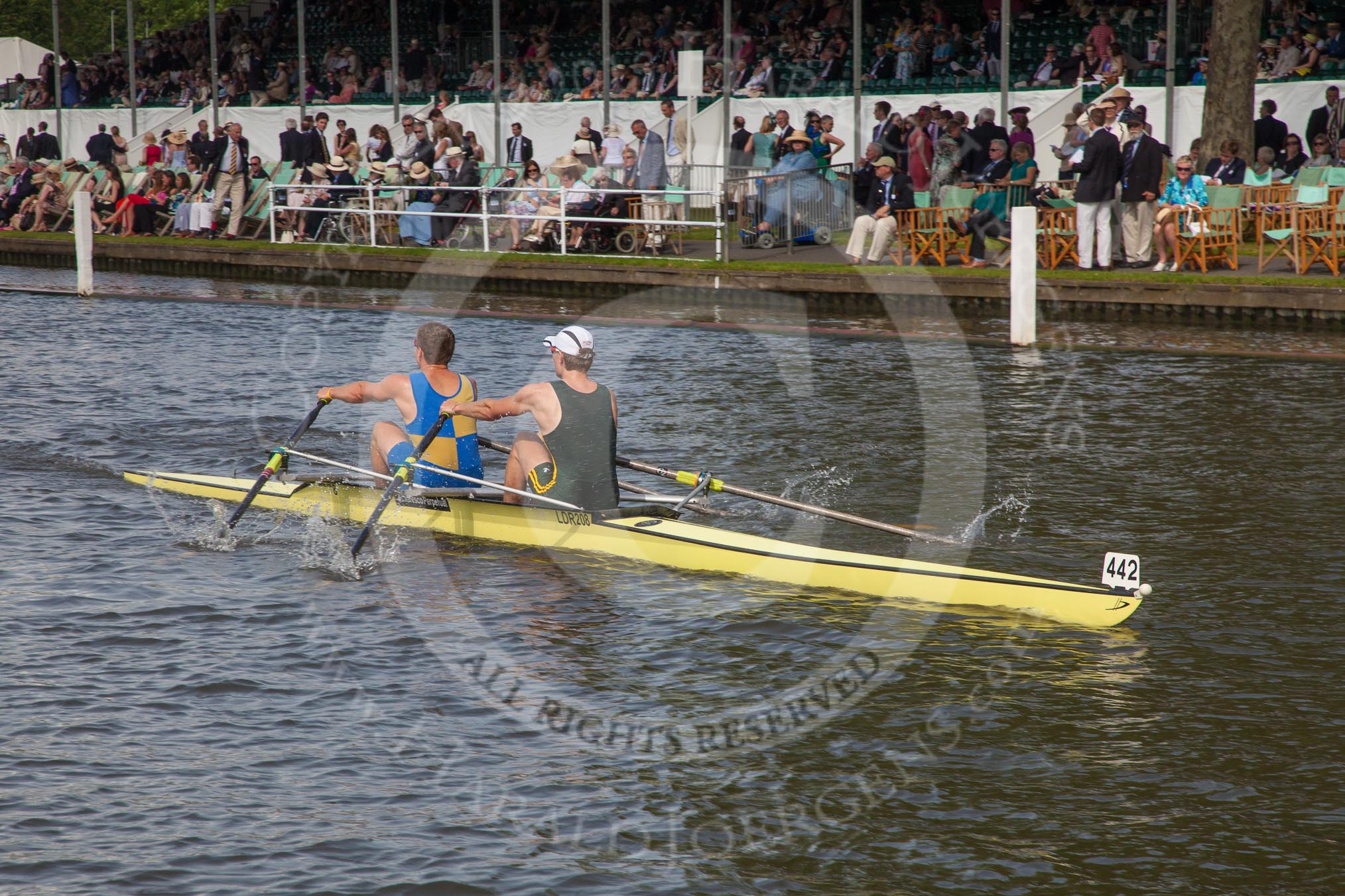 Henley Royal Regatta 2012 (Thursday): Race 60, Double Sculls Challenge Cup:  Northwich Rowing Club and Eastbourne Rowing Club (442, Bucks) v University of Groningenand Amsterdamsche Studenten Roeivereeniging Nereus, Holland (450, Berks).
River Thames beteen Henley-on-Thames and Remenham/Temple Island ,
Henley-on-Thames,
Oxfordshire,
United Kingdom,
on 28 June 2012 at 16:27, image #438