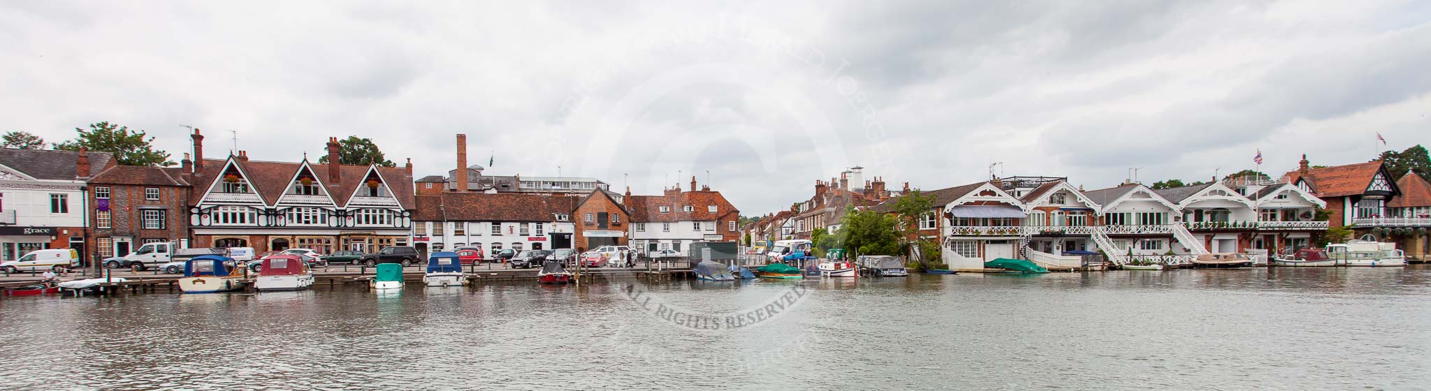 Henley Royal Regatta 2013 (Monday): Henley-on-Thames seen across the river from the HRR boat tents..
River Thames between Henley and Temple Island,
Henley-on-Thames,
Berkshire,
United Kingdom,
on 01 July 2013 at 13:56, image #1