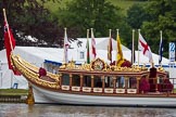 Henley Royal Regatta 2013 (Wednesday): Gloriana, the 94ft Royal Barge built for the Diamond Jubilee of Queen Elizbeth II, on the River Thames at the Henley Royal Regatta 2013..
River Thames between Henley and Temple Island,
Henley-on-Thames,
Berkshire,
United Kingdom,
on 03 July 2013 at 09:37, image #15