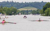Henley Royal Regatta 2013 (Wednesday): The Henley Royal Regatta race course seen after the race between Griffen Boat Club, on the left ("Bucks station"), and Upper Thames Rowing Club 'B' on the right ("Berks station"), behind the competing boats the umpire's launch, and in the background Temple Island. Griffen won by 3 1/2 length..
River Thames between Henley and Temple Island,
Henley-on-Thames,
Berkshire,
United Kingdom,
on 03 July 2013 at 09:37, image #16