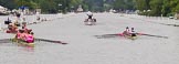 Henley Royal Regatta 2013 (Wednesday): The Henley Royal Regatta race course seen after the race between Griffen Boat Club, on the left ("Bucks station"), and Upper Thames Rowing Club 'B' on the right ("Berks station"), behind the competing boats the umpire's launch, and in the background Temple Island. Griffen won by 3 1/2 length..
River Thames between Henley and Temple Island,
Henley-on-Thames,
Berkshire,
United Kingdom,
on 03 July 2013 at 09:37, image #17