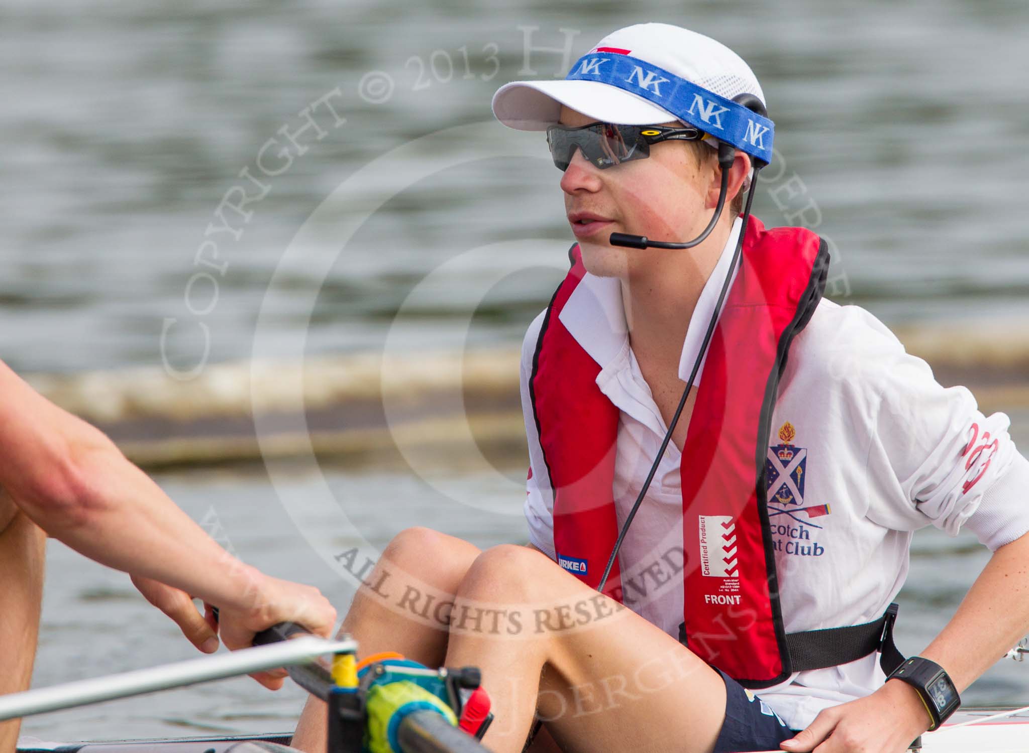 Henley Royal Regatta 2013, Saturday: W.M.  Bartley, cox of the Scotch College Eight, from Melbourne, Australia, during a training session in the morning. Image #9, 06 July 2013 08:37 River Thames, Henley on Thames, UK