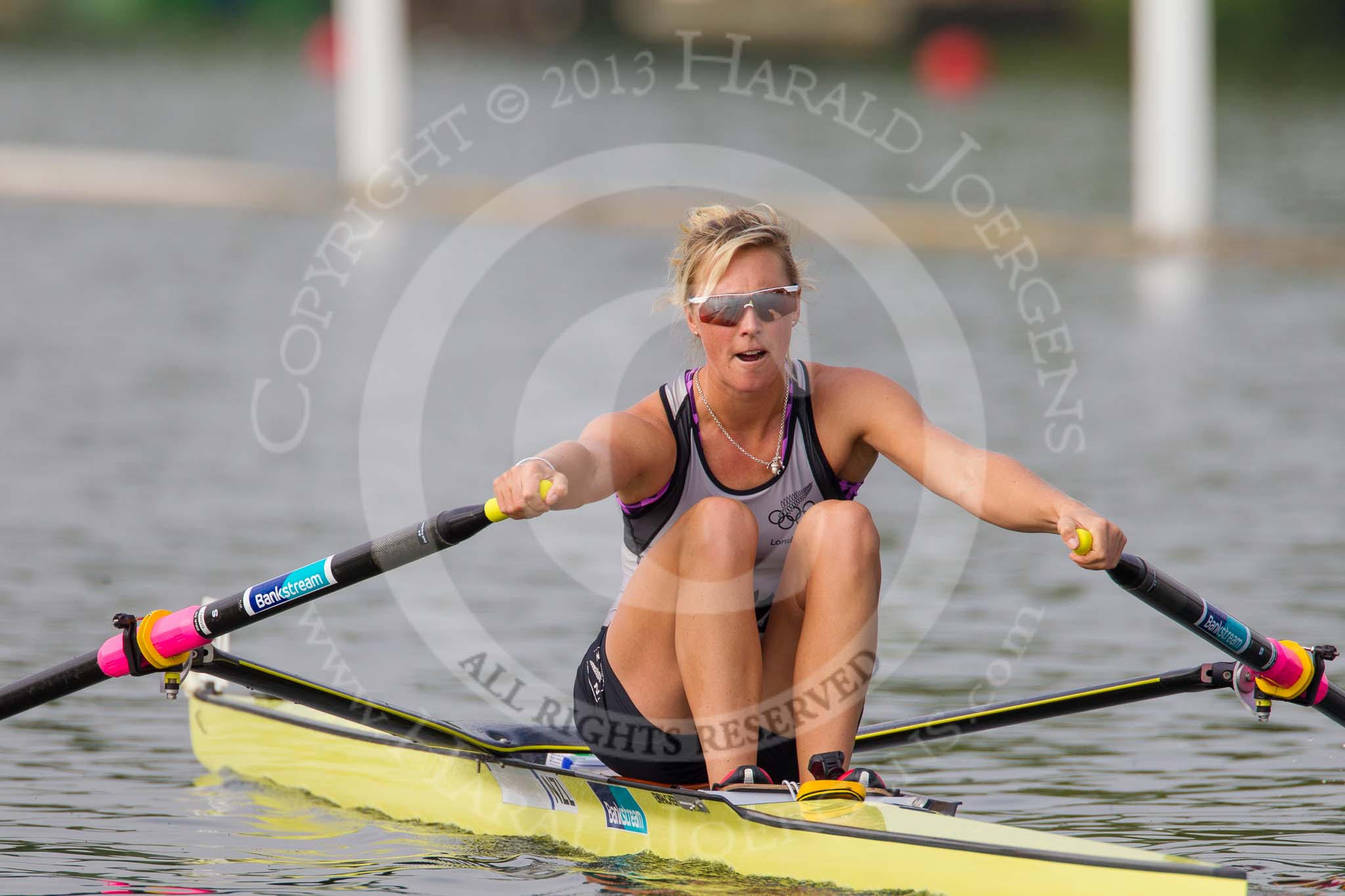 Henley Royal Regatta 2013, Saturday: Emma Twigg (Waiariki Rowing Club, New Zealand), 4th in Women's Single Sculls at the 2012 London Olympics, during a training session in the morning. Image #13, 06 July 2013 08:39 River Thames, Henley on Thames, UK