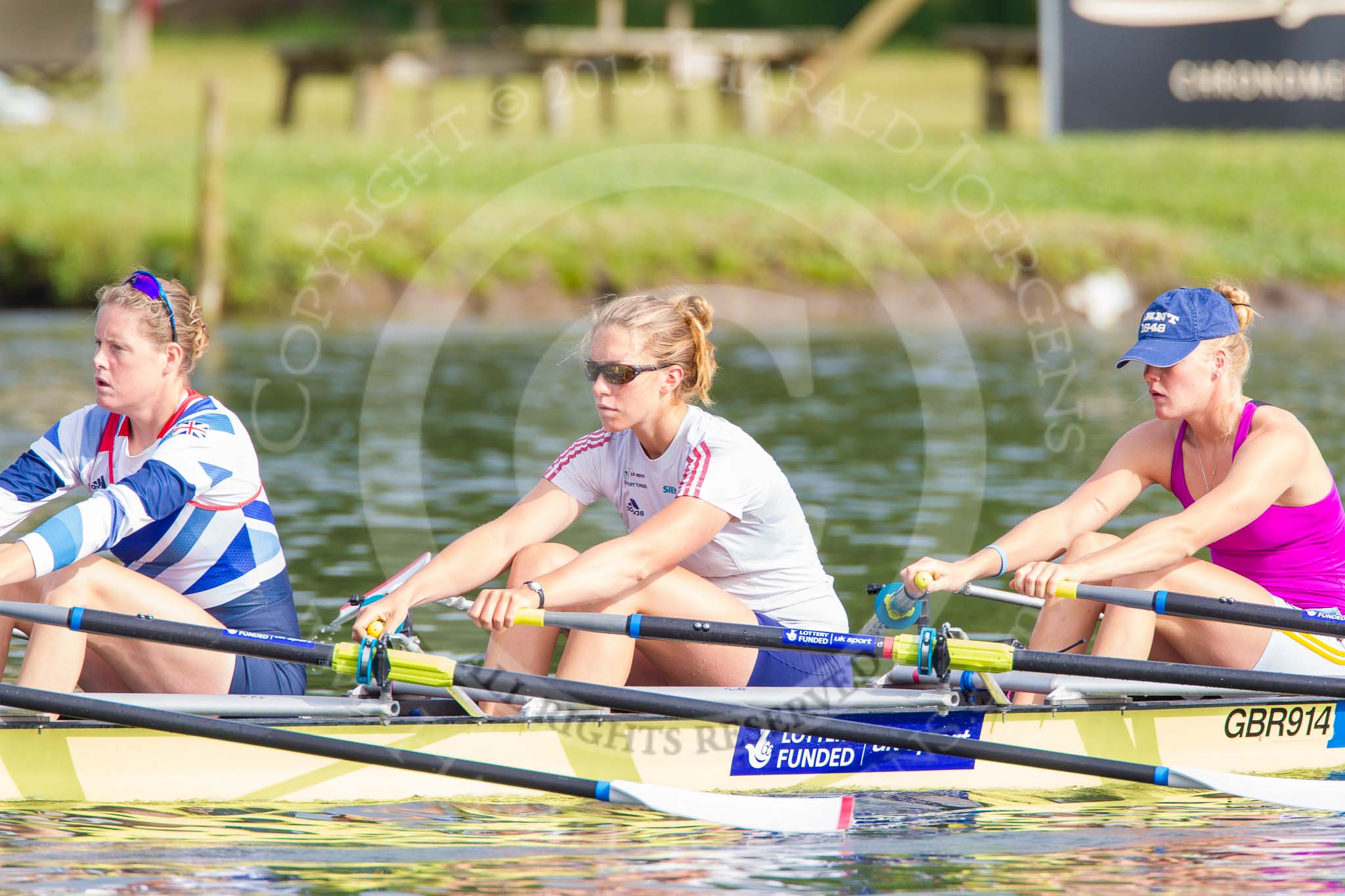 Henley Royal Regatta 2013, Saturday: The Leander Club and Minerva Bath Rowing Club coxless four during a training session in the morning. Image #16, 06 July 2013 08:47 River Thames, Henley on Thames, UK