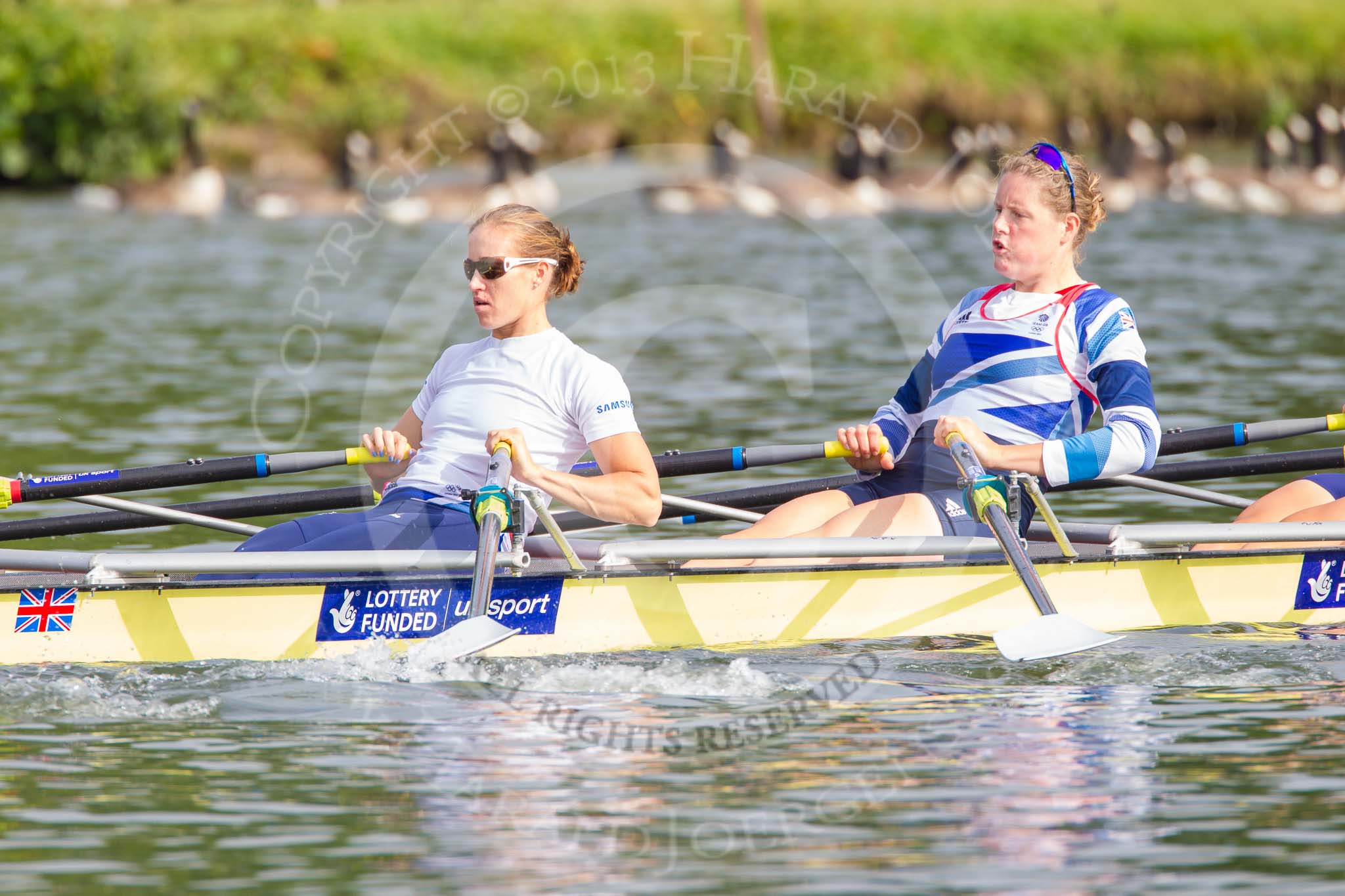 Henley Royal Regatta 2013, Saturday: The Leander Club and Minerva Bath Rowing Club coxless four during a training session in the morning. Image #17, 06 July 2013 08:47 River Thames, Henley on Thames, UK