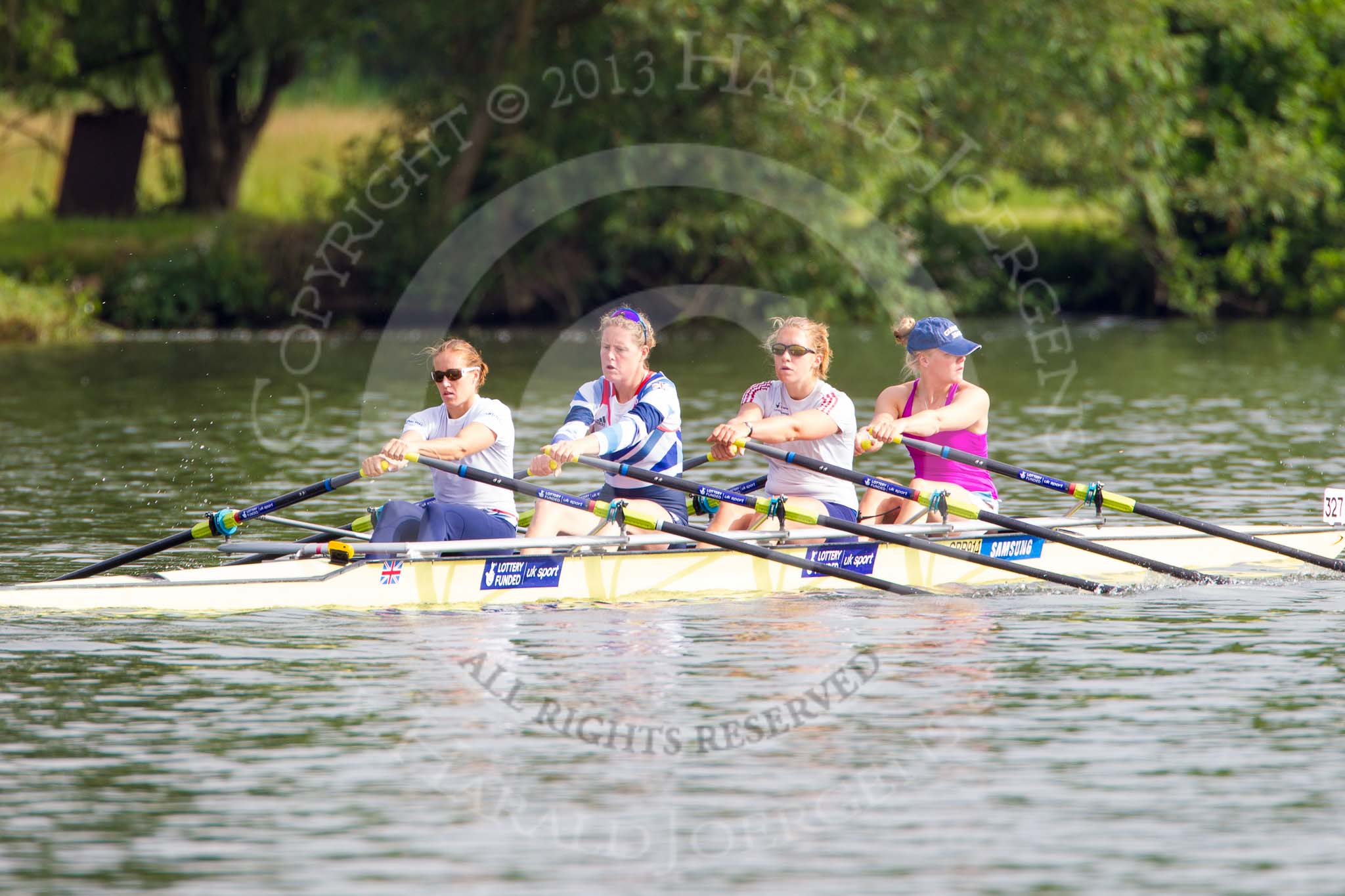 Henley Royal Regatta 2013, Saturday: The Leander Club and Minerva Bath Rowing Club coxless four during a training session in the morning. Image #18, 06 July 2013 08:47 River Thames, Henley on Thames, UK