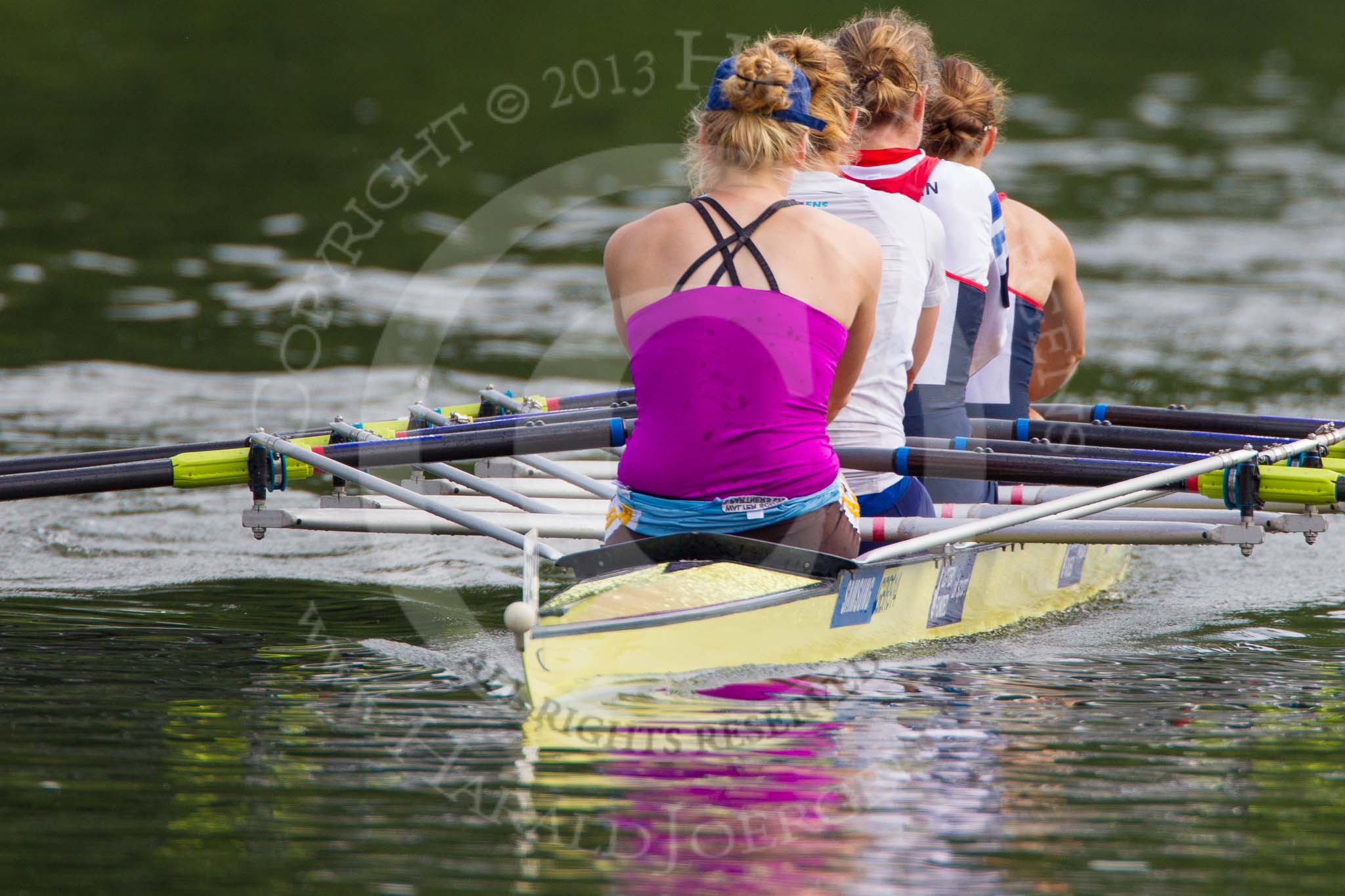 Henley Royal Regatta 2013, Saturday: Leander Club and Minerva Bath Rowing Club during a training session in the morning: Polly Swann, Victoria Meyer-Laker, Francis Houghton and Helen Glover. Image #42, 06 July 2013 09:11 River Thames, Henley on Thames, UK