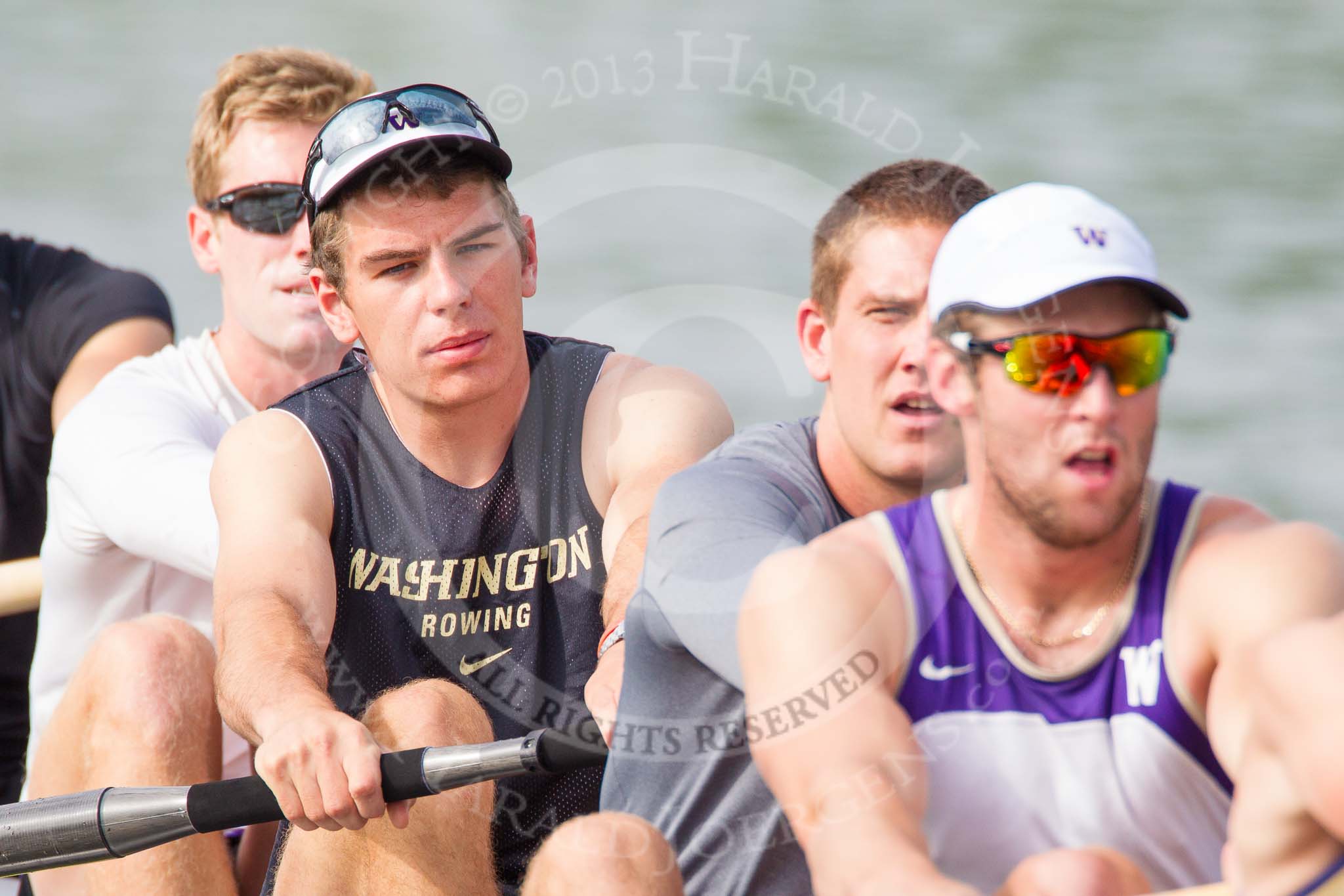 Henley Royal Regatta 2013, Saturday: The University of Washington, U.S.A., eight during a practice session in the morning: In focus 4 seat M. Bowyer. Image #49, 06 July 2013 09:13 River Thames, Henley on Thames, UK
