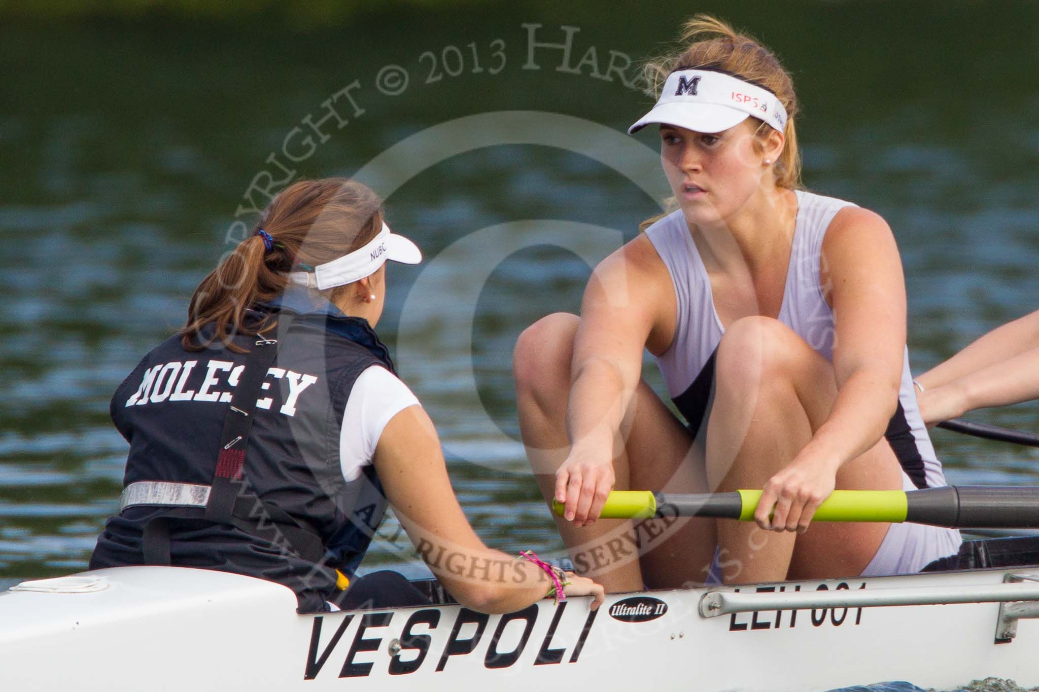 Henley Royal Regatta 2013, Saturday: On the way to the start for a Remenham Challenge Cup Race: Boat 164, Molesey Boat Club, here, cox A. L. James and stroke A. L. Anderson. Image #84, 06 July 2013 10:06 River Thames, Henley on Thames, UK