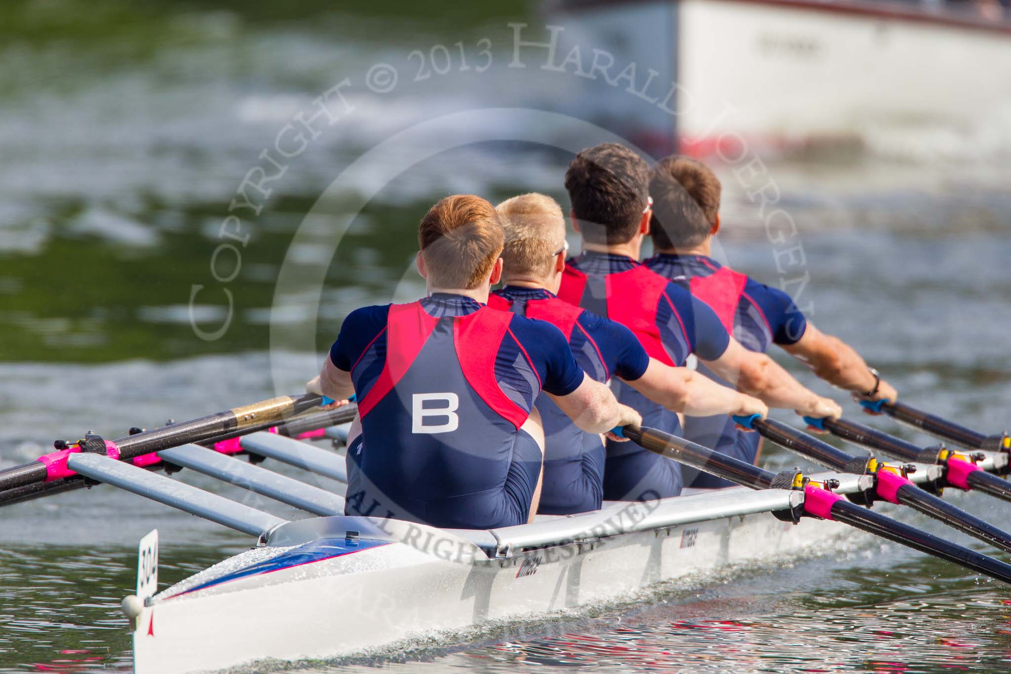 Henley Royal Regatta 2013, Saturday: The Saturday race No. 2, the Fawley Challenge Cup, Hilversumse Roeivereninging Cornelis Tromp, Holland, and, in this photo, Sir William Borlase's Grammar School. Image #100, 06 July 2013 10:11 River Thames, Henley on Thames, UK