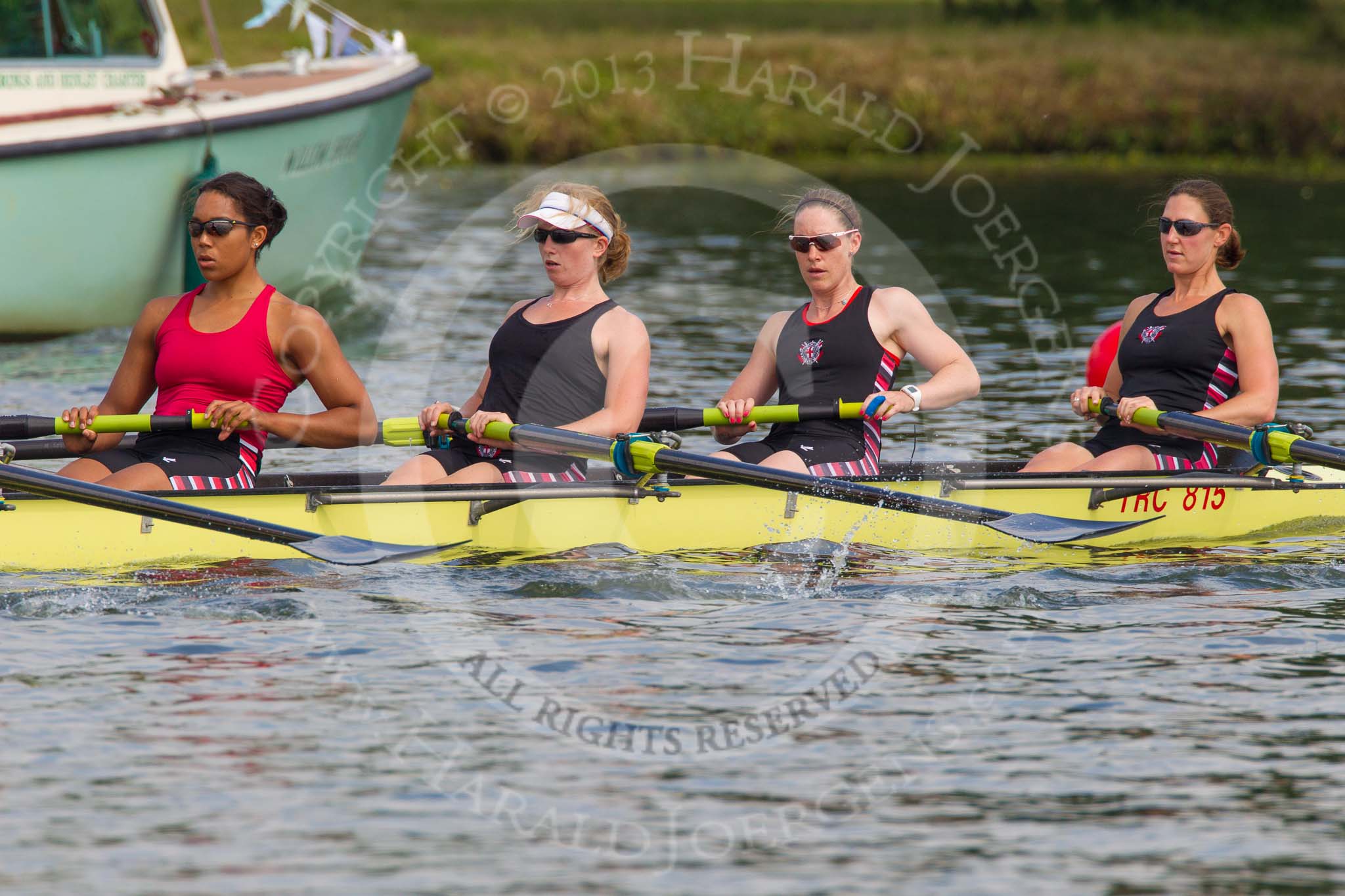 Henley Royal Regatta 2013, Saturday: On the way to the start of race No. 10 - the Thames Rowing Club eight, here D. E. O. Etiebet , C. E. R. Phillips, M. K. O'Shaugnessy-Hunter and E. C. Hickney. Image #165, 06 July 2013 11:00 River Thames, Henley on Thames, UK