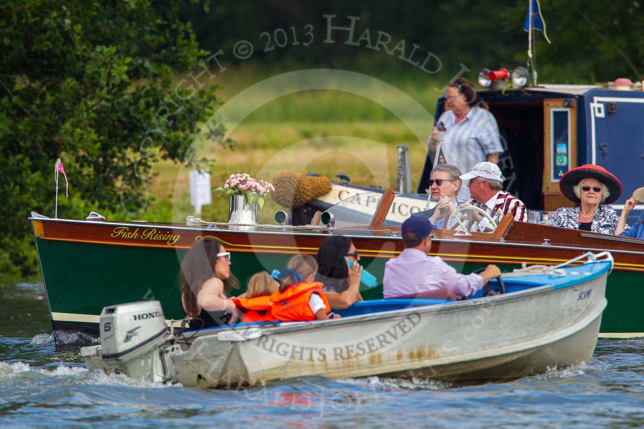 Henley Royal Regatta 2013, Saturday: Three lanes of traffic on the Thames next to the race course. Image #187, 06 July 2013 11:12 River Thames, Henley on Thames, UK
