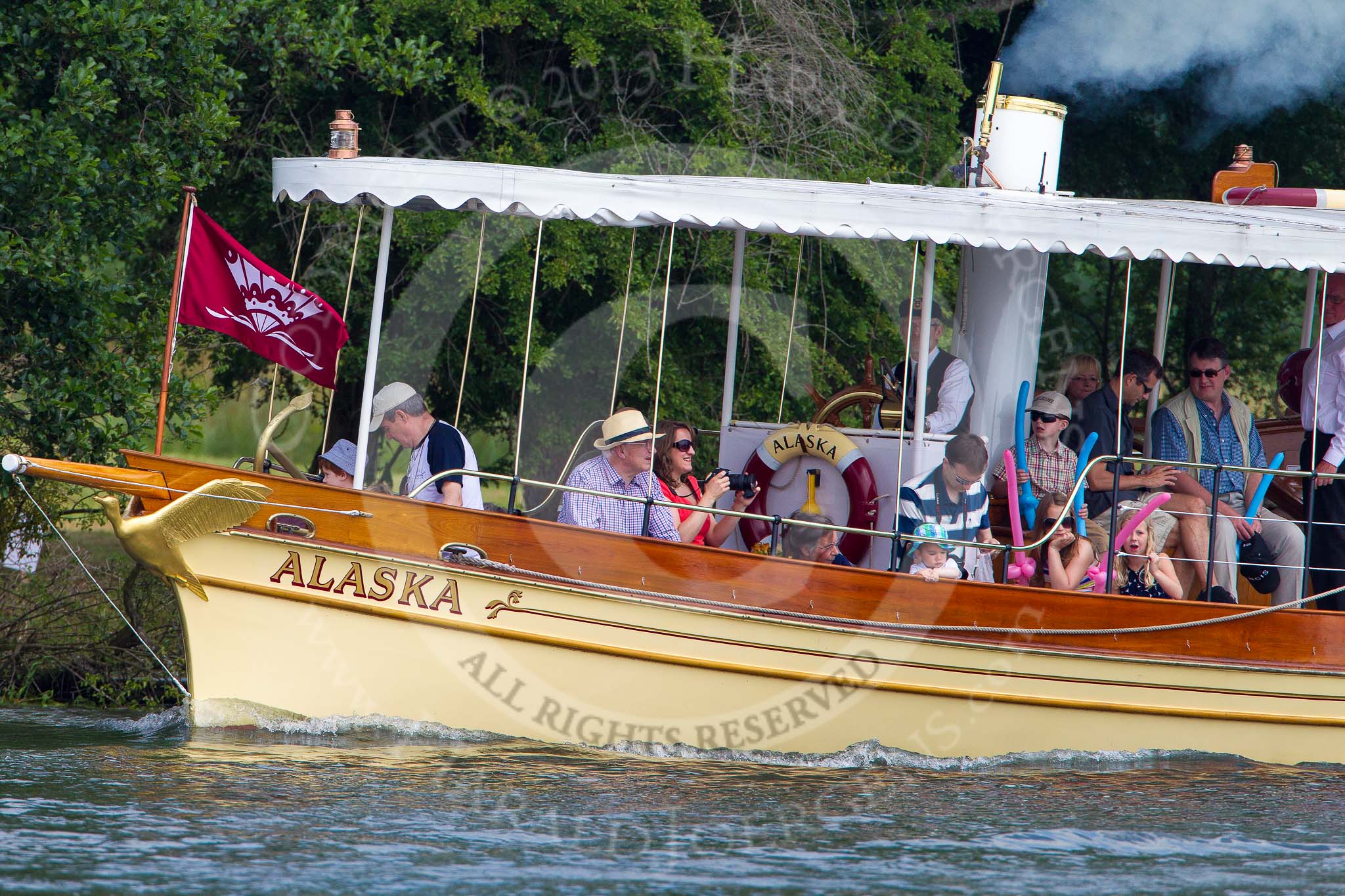 Henley Royal Regatta 2013, Saturday: Thames steamer 'Alaska' (www.thames-steamers.co.uk) passing the race course. Image #191, 06 July 2013 11:28 River Thames, Henley on Thames, UK