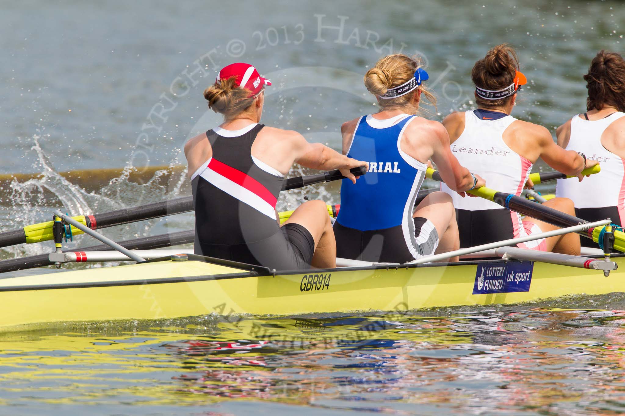 Henley Royal Regatta 2013, Saturday: Race No. 10 for the Remenham Challenge Cup, Leander Club and Oxford Brookes University v Thames Rowing Club, here cox E. H. B. Searle. Image #196, 06 July 2013 11:31 River Thames, Henley on Thames, UK