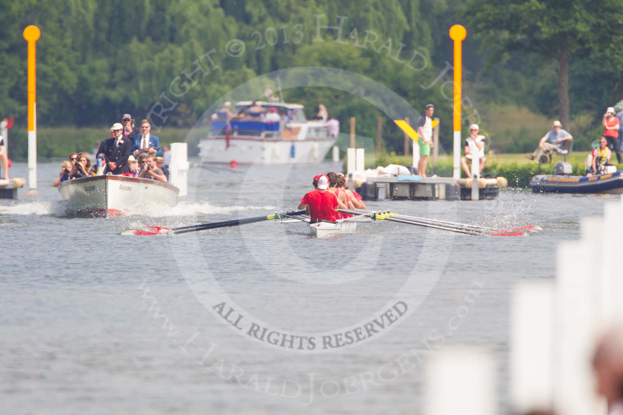 Henley Royal Regatta 2013, Saturday: Race No. 12 for the Temple Challenge Cup, St. Petersburg University, Russia (orage), v Delftsche Studenten Roeivereeninging Laga, Holland (red). Image #242, 06 July 2013 11:51 River Thames, Henley on Thames, UK