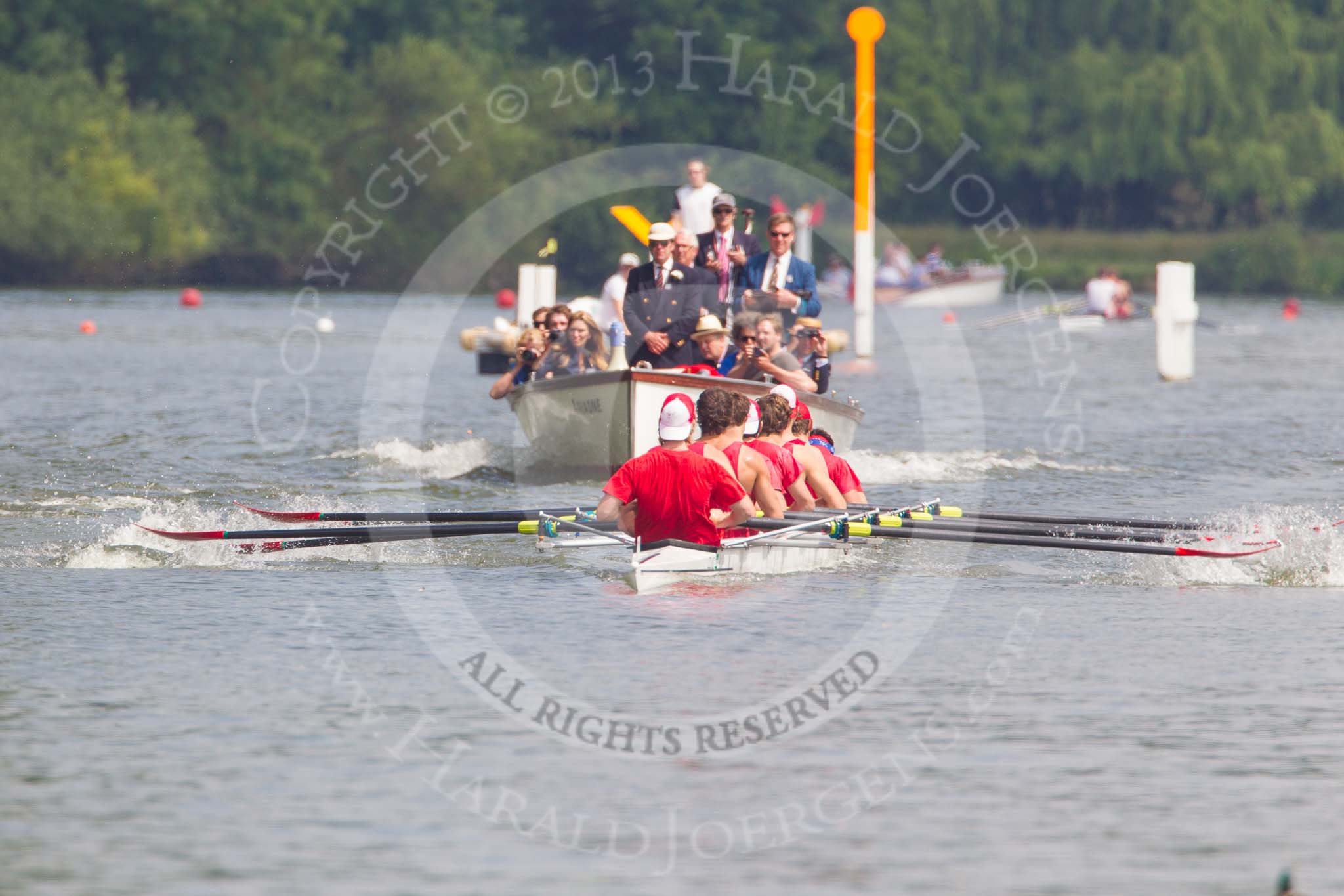 Henley Royal Regatta 2013, Saturday: Race No. 12 for the Temple Challenge Cup, St. Petersburg University, Russia (orage), v Delftsche Studenten Roeivereeninging Laga, Holland (red). Image #244, 06 July 2013 11:51 River Thames, Henley on Thames, UK