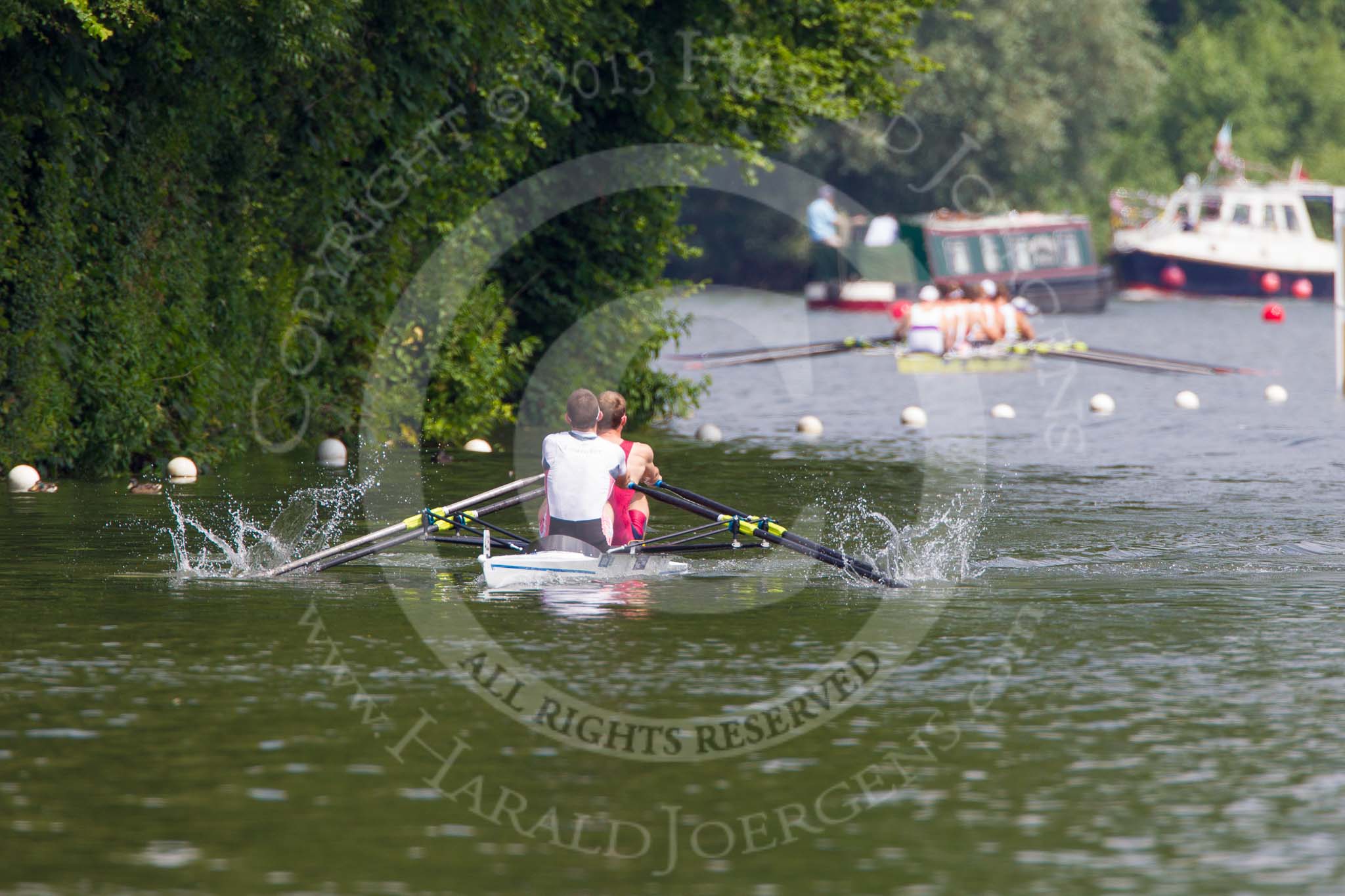 Henley Royal Regatta 2013, Saturday: Race No. 13 for the Double Sculls Challenge Cup, Oxford Brookes University and Leander Club (white boat) v London Rowing Club and Leander Club (yellow boat). Image #256, 06 July 2013 12:02 River Thames, Henley on Thames, UK