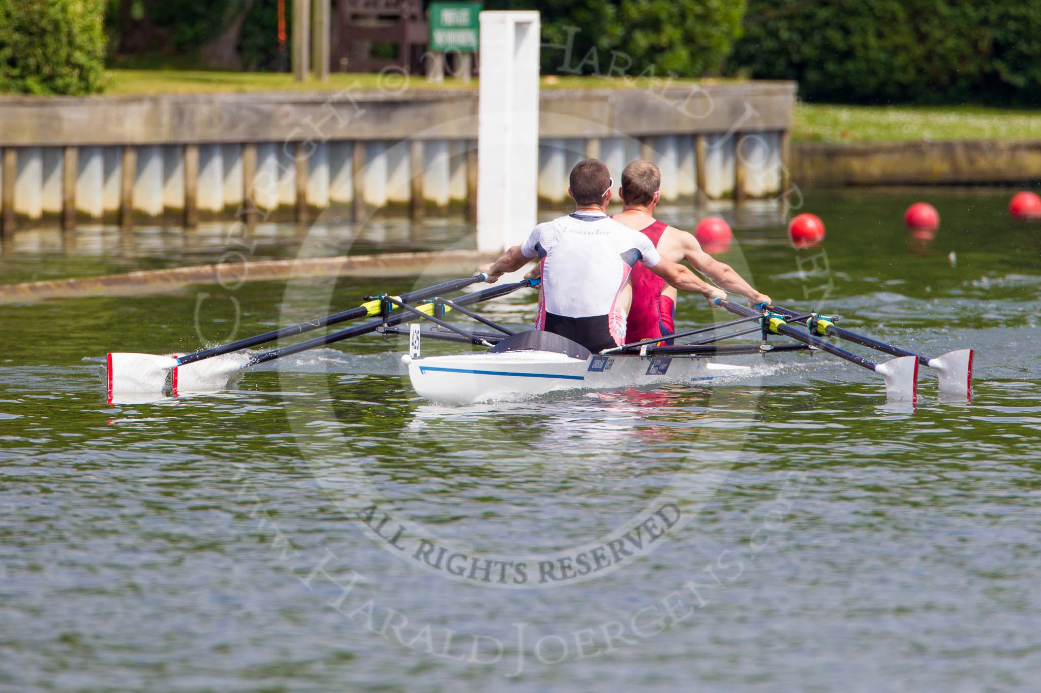 Henley Royal Regatta 2013, Saturday: Race No. 13 for the Double Sculls Challenge Cup, Oxford Brookes University and Leander Club (white boat) v London Rowing Club and Leander Club (yellow boat). Image #260, 06 July 2013 12:02 River Thames, Henley on Thames, UK