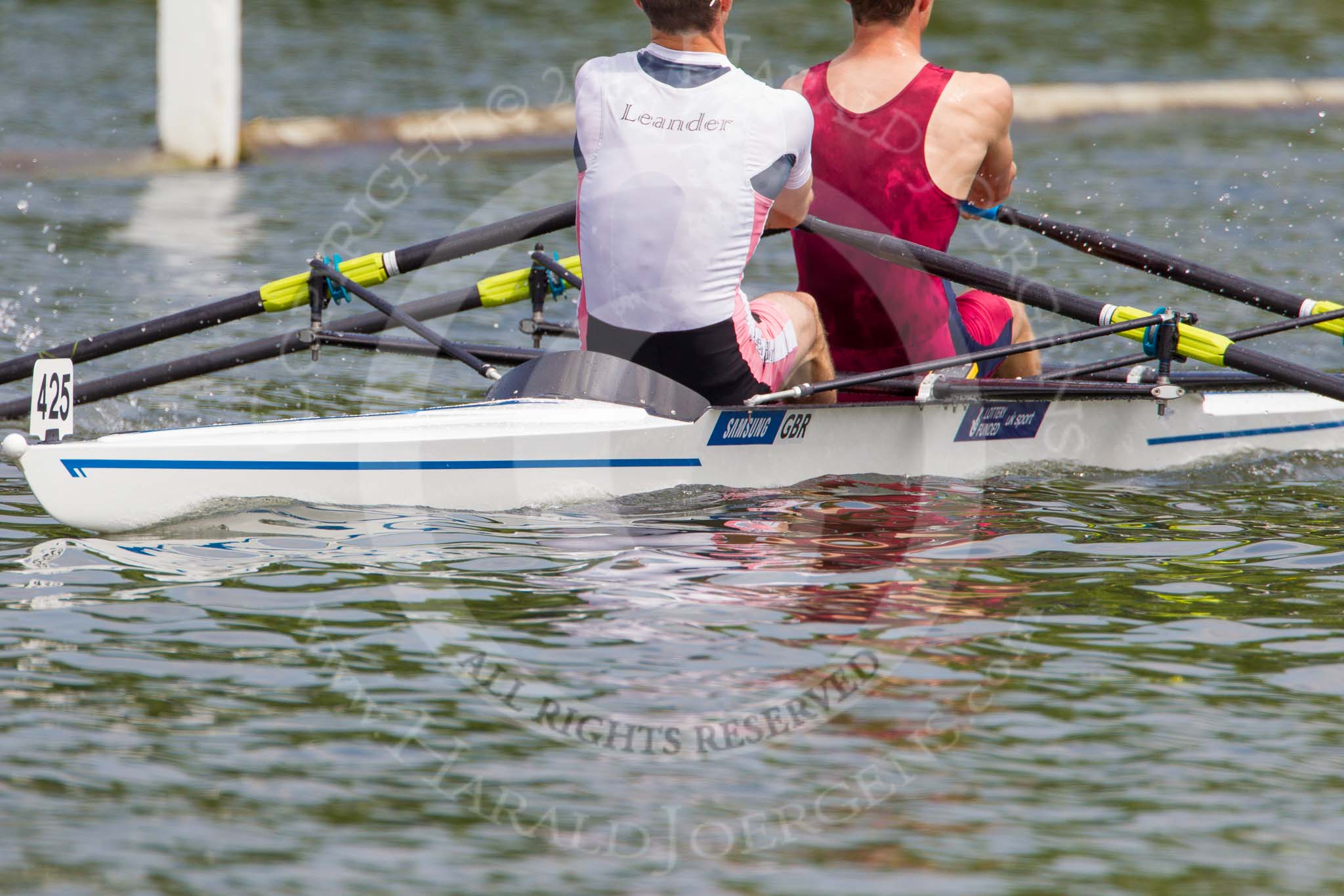 Henley Royal Regatta 2013, Saturday: Race No. 13 for the Double Sculls Challenge Cup, Oxford Brookes University and Leander Club (white boat) v London Rowing Club and Leander Club (yellow boat). Image #265, 06 July 2013 12:02 River Thames, Henley on Thames, UK
