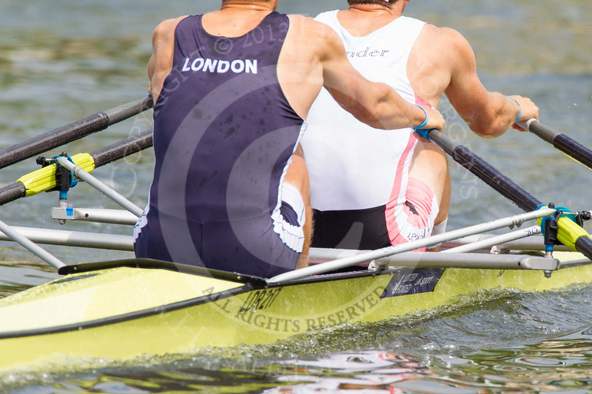 Henley Royal Regatta 2013, Saturday: Race No. 13 for the Double Sculls Challenge Cup, Oxford Brookes University and Leander Club (white boat) v London Rowing Club and Leander Club (yellow boat). Image #267, 06 July 2013 12:02 River Thames, Henley on Thames, UK