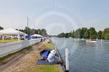 Henley Royal Regatta 2013, Saturday: Fifteen minutes to go to the start of the Saturday races - looking down the race course towards the finish line. Image #61, 06 July 2013 09:45 River Thames, Henley on Thames, UK