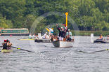 Henley Royal Regatta 2013, Saturday: Race No. 15 for the Visitors' Challenge Cup, Thames Rowing Club v Harvard University 'B'. Umpire Sir Matthew Pinsent red-flags the race after a clash at the start. Image #295, 06 July 2013 12:20 River Thames, Henley on Thames, UK