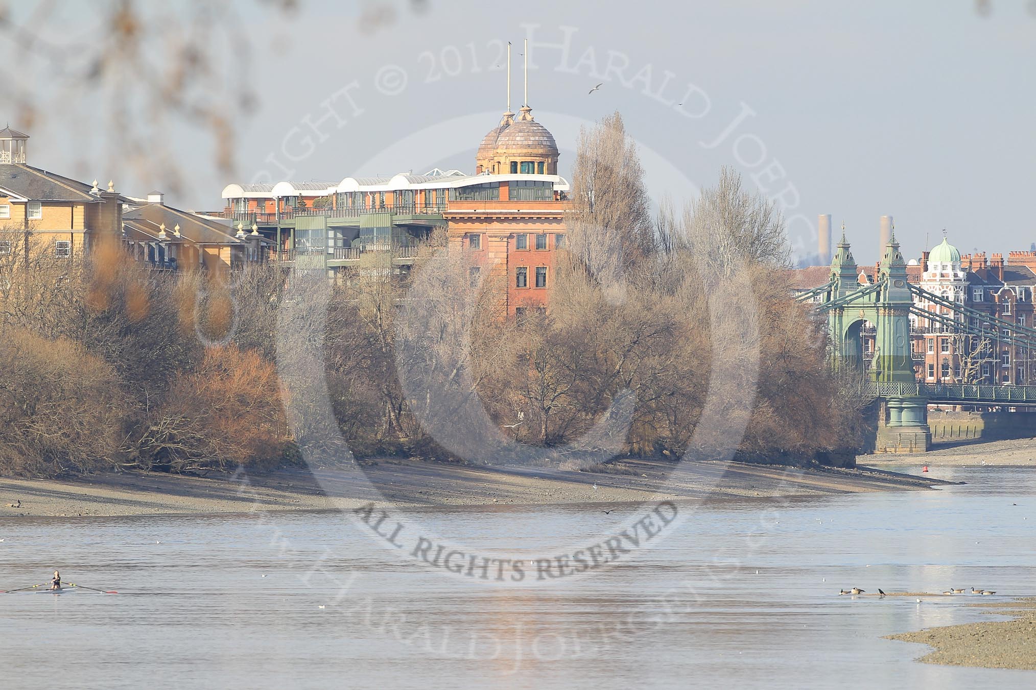 The Boat Race season 2012 - fixture OUBC vs German U23: View from the balcony of the Thames Rowing Club, along the race course, towards Hammersmith Bridge and the Surrey Bend..
River Thames between Putney and Mortlake,
London,

United Kingdom,
on 26 February 2012 at 13:50, image #2