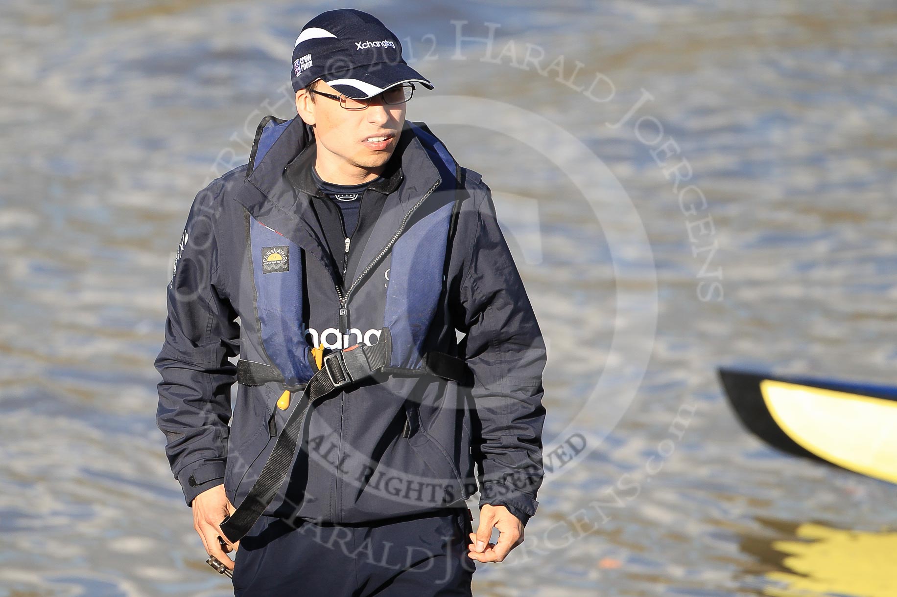 The Boat Race season 2012 - fixture OUBC vs German U23: Cox in the German U23 boat - in place of German cox Inga Thoene, Oxford's hopeful Oskar Zorilla. Oskar is American, M Phil Economic, St Hugh's College..
River Thames between Putney and Mortlake,
London,

United Kingdom,
on 26 February 2012 at 14:46, image #10