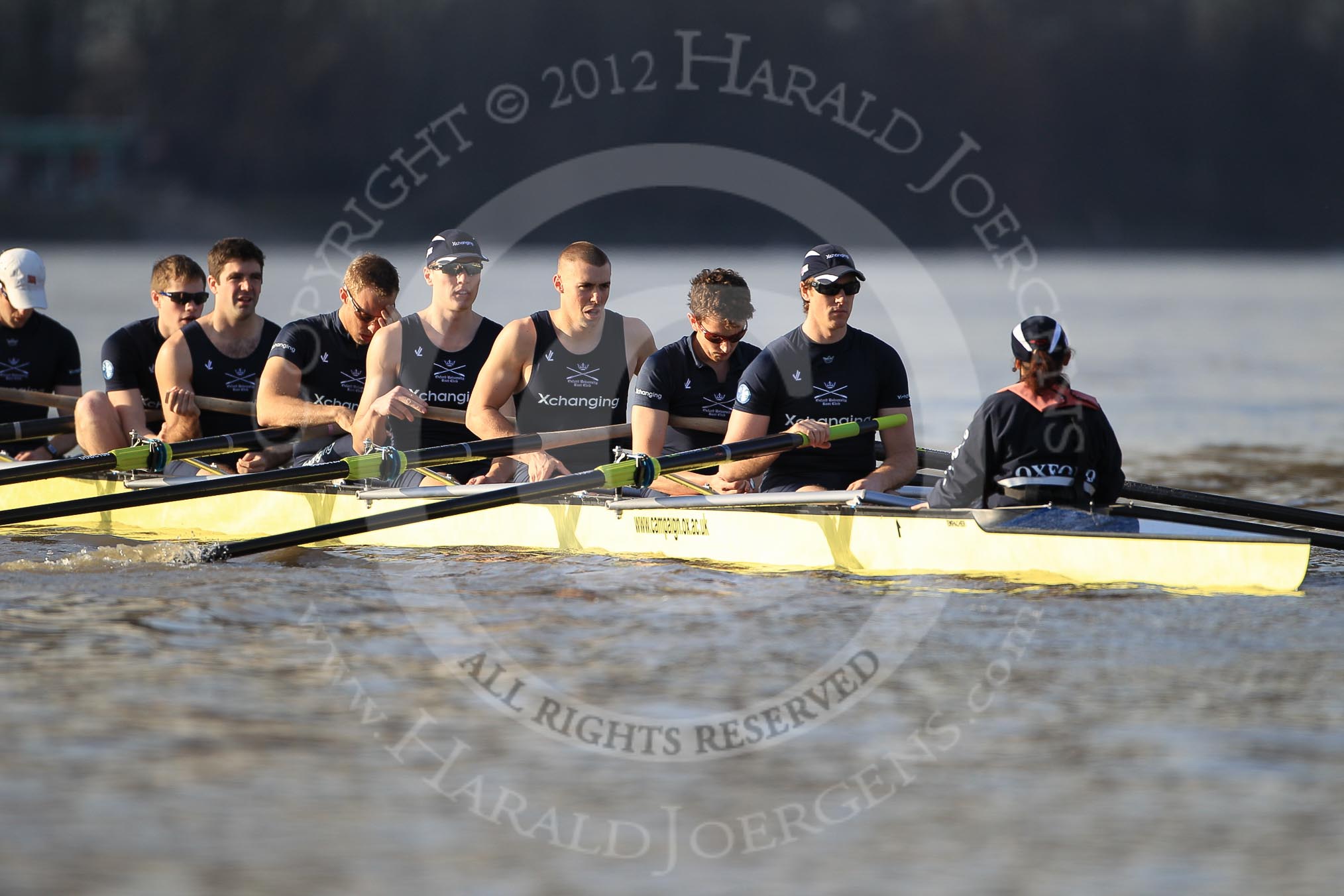 The Boat Race season 2012 - fixture OUBC vs German U23: The Oxford Blue Boat - from left to right Bow Dr. Alexander Woods, Geordie MacLeod, Kevin Baum, Dr. Hanno Wienhausen, Karl Hudspith, Alex Davidson, Dan Harvey, Stern Roel Haen, and Cox Zoe de Toledo..
River Thames between Putney and Mortlake,
London,

United Kingdom,
on 26 February 2012 at 15:24, image #37