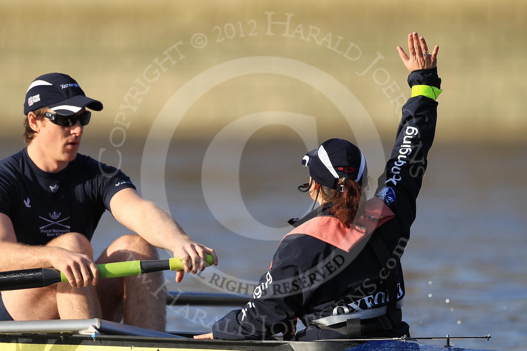 The Boat Race season 2012 - fixture OUBC vs German U23: The Oxford Blue Boat just before the start - cox Zoe de Toledo, stern Roel Haen..
River Thames between Putney and Mortlake,
London,

United Kingdom,
on 26 February 2012 at 15:25, image #40