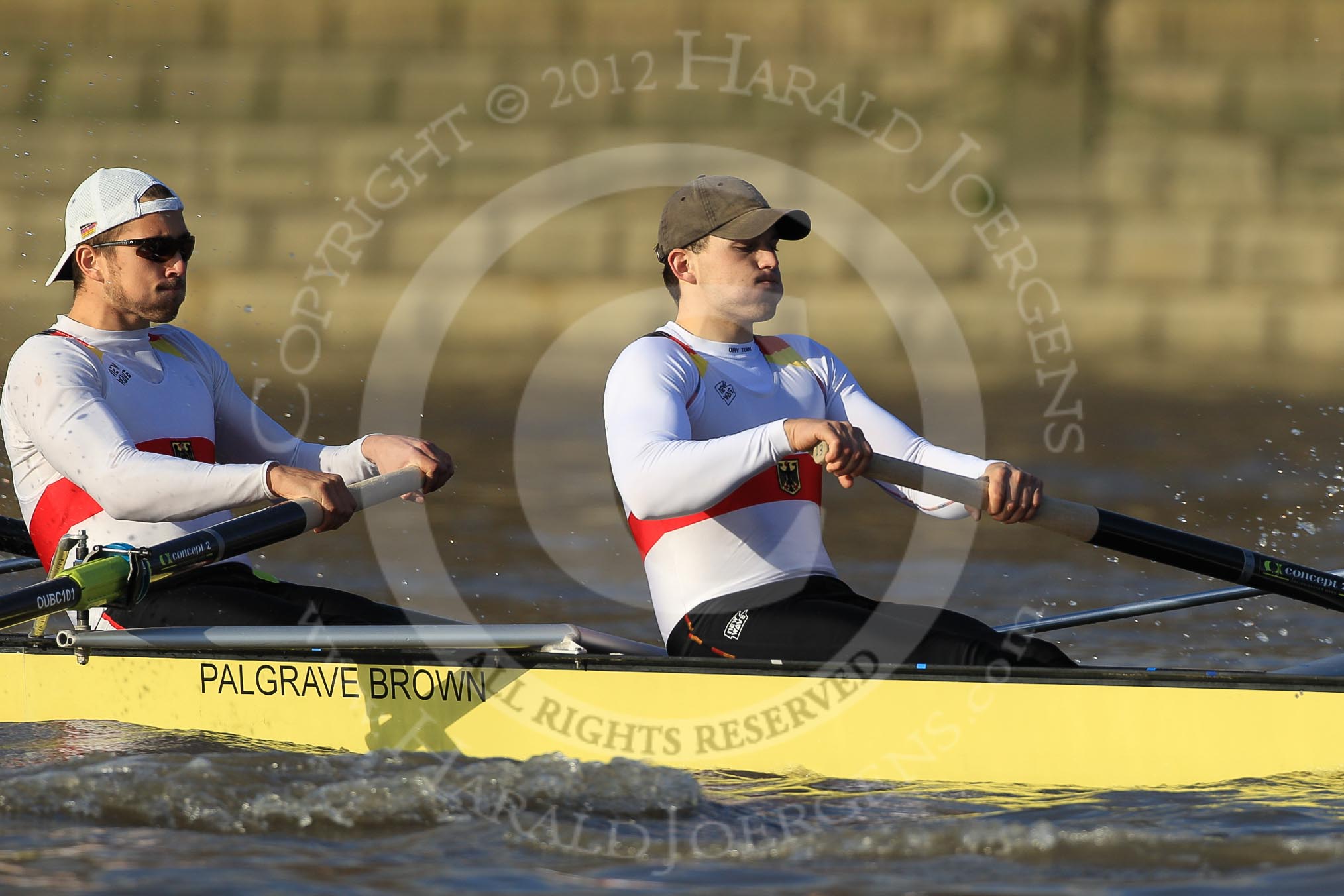 The Boat Race season 2012 - fixture OUBC vs German U23: The German U23 boat, Felix Wimberger (left) and bow Lukas-Frederik Müller..
River Thames between Putney and Mortlake,
London,

United Kingdom,
on 26 February 2012 at 15:25, image #43