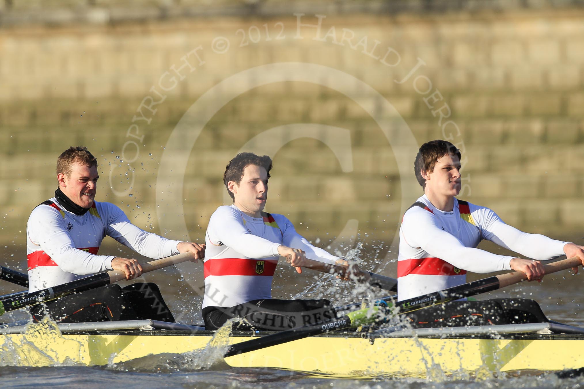 The Boat Race season 2012 - fixture OUBC vs German U23: The German U23 boat, from left to right Robin Ponte, Alexander Thierfelder, and Malte Jaschik..
River Thames between Putney and Mortlake,
London,

United Kingdom,
on 26 February 2012 at 15:25, image #45