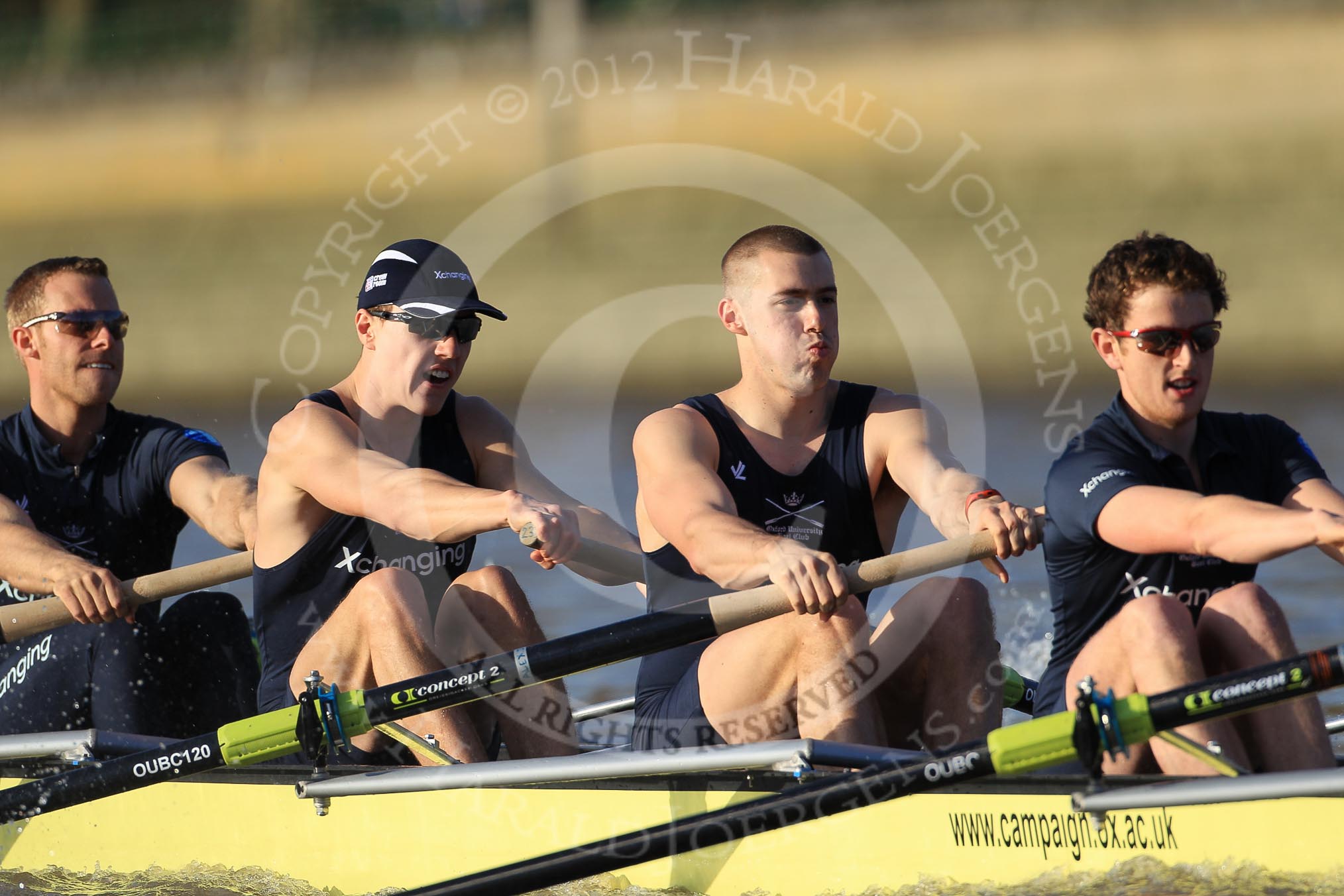 The Boat Race season 2012 - fixture OUBC vs German U23: The Oxford Blue Boat at the start of the race, from left to right Dr. Hanno Wienhausen, Karl Hudspith, Alex Davidson, and Dan Harvey..
River Thames between Putney and Mortlake,
London,

United Kingdom,
on 26 February 2012 at 15:25, image #46