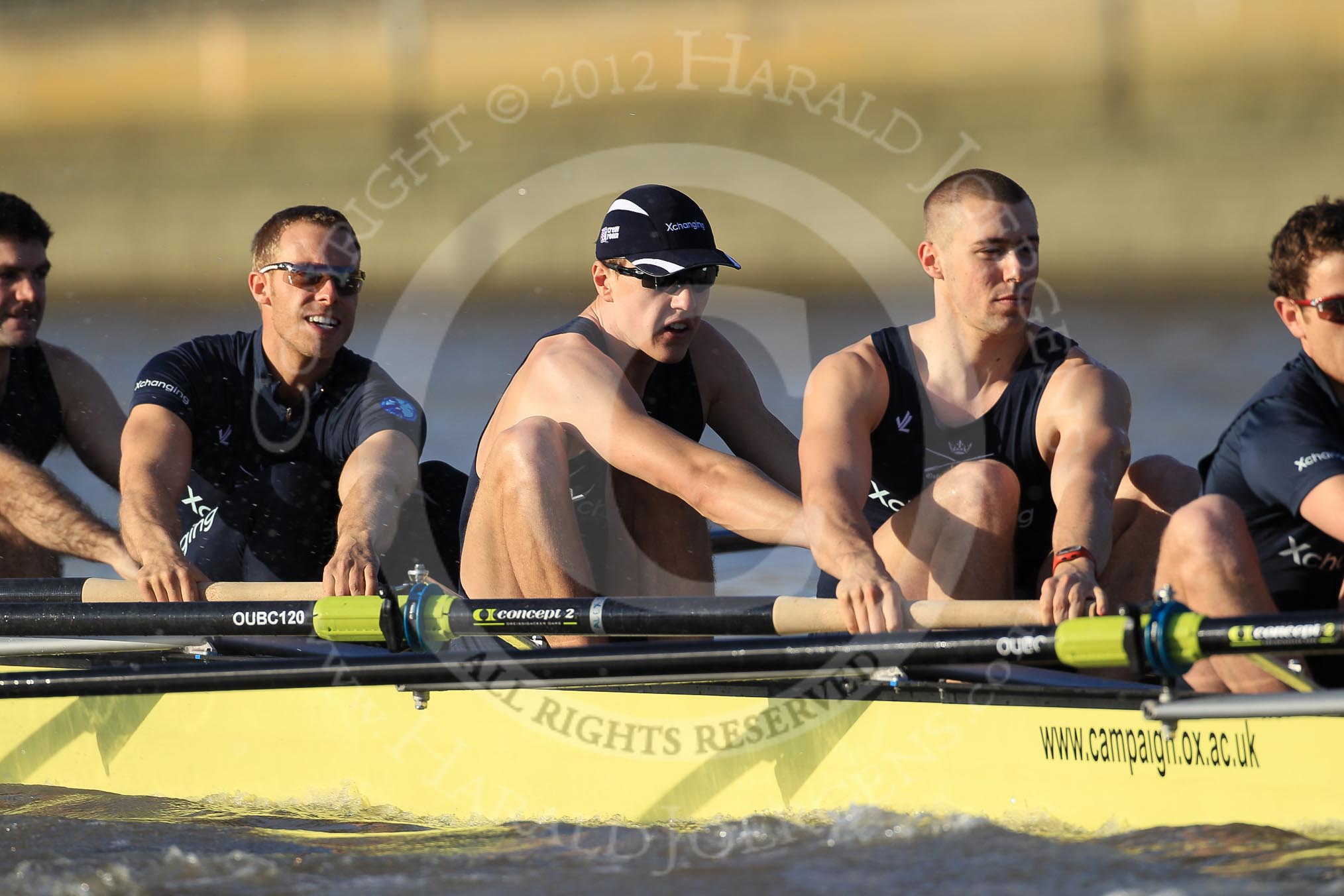 The Boat Race season 2012 - fixture OUBC vs German U23: The Oxford Blue Boat at the start of the race, from left to right Kevin Baum, Dr. Hanno Wienhausen, Karl Hudspith, Alex Davidson, and Dan Harvey..
River Thames between Putney and Mortlake,
London,

United Kingdom,
on 26 February 2012 at 15:25, image #47