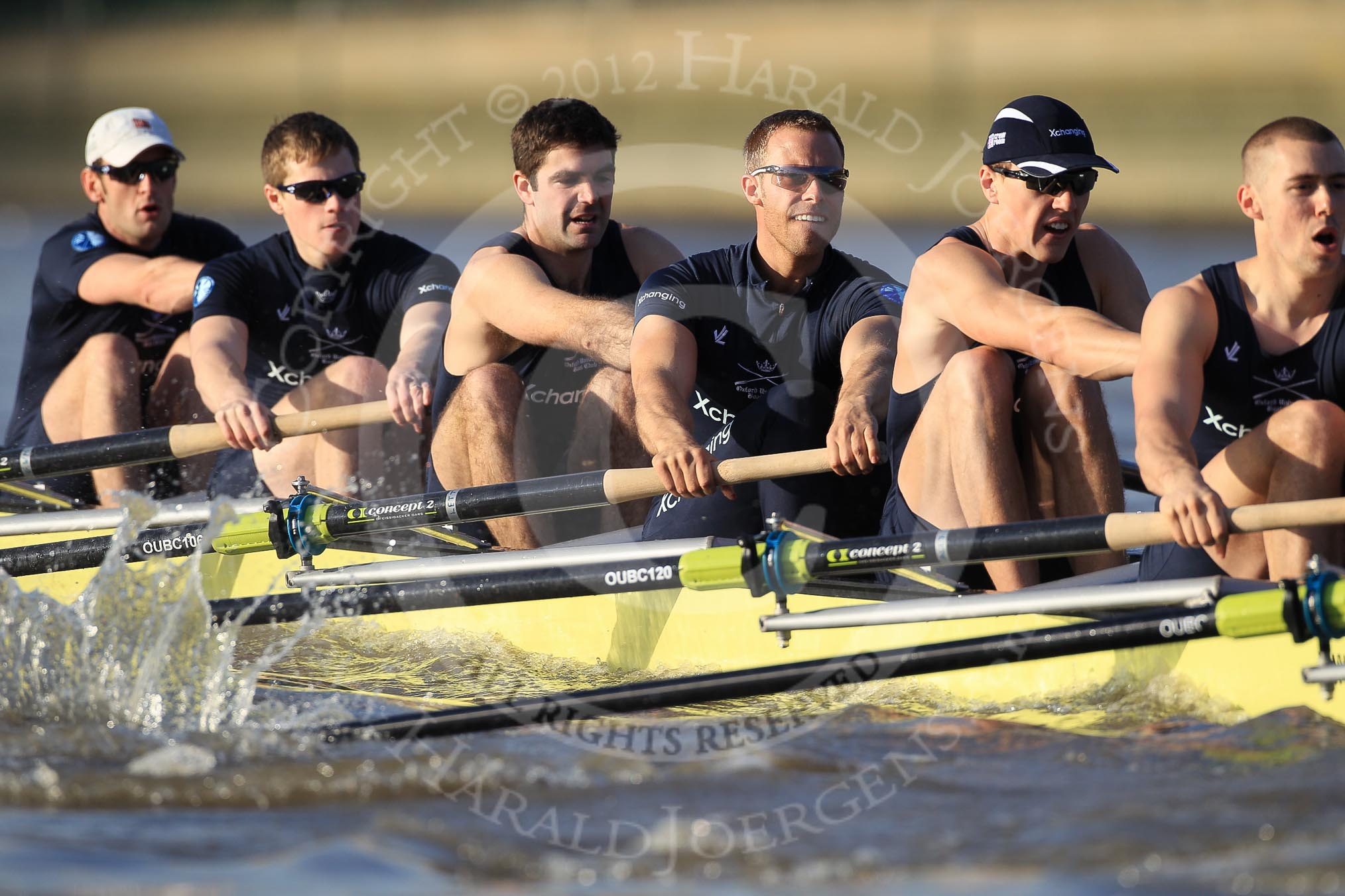 The Boat Race season 2012 - fixture OUBC vs German U23: The Oxford Blue Boat at the start of the race, from left to right Bow Dr. Alexander Woods, Geordie MacLeod, Kevin Baum, Dr. Hanno Wienhausen, Karl Hudspith, and Alex Davidson..
River Thames between Putney and Mortlake,
London,

United Kingdom,
on 26 February 2012 at 15:26, image #48