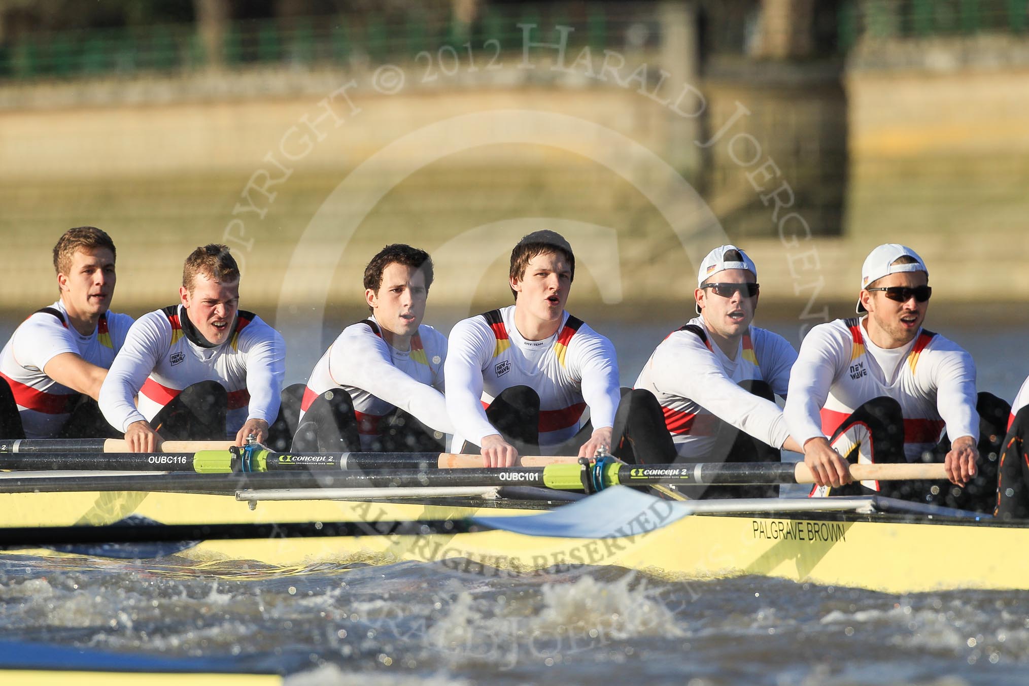 The Boat Race season 2012 - fixture OUBC vs German U23: The German U23 boat, from right to left Felix Wimberger, Maximilian Planer, Malte Jakschik, Alexander Thierfelder, Robin Ponte, and Rene Stüven..
River Thames between Putney and Mortlake,
London,

United Kingdom,
on 26 February 2012 at 15:26, image #49