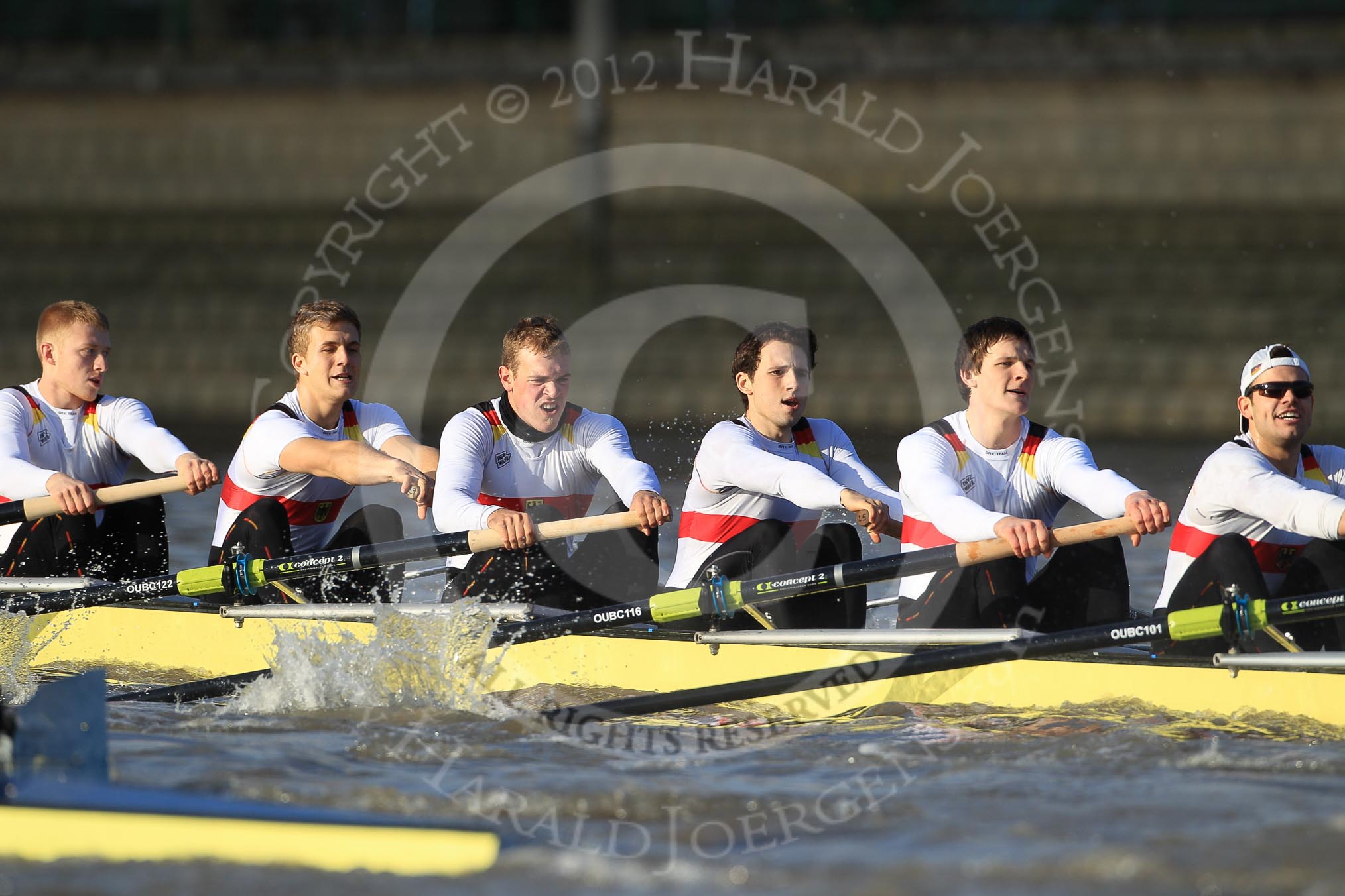 The Boat Race season 2012 - fixture OUBC vs German U23: The German U23 boat, from left to right Bow Maximilian Johanning, Rene Stüven, Robin Ponte, Alexander Thierfelder, Malte Jakschik, and Maximilian Planer..
River Thames between Putney and Mortlake,
London,

United Kingdom,
on 26 February 2012 at 15:26, image #51