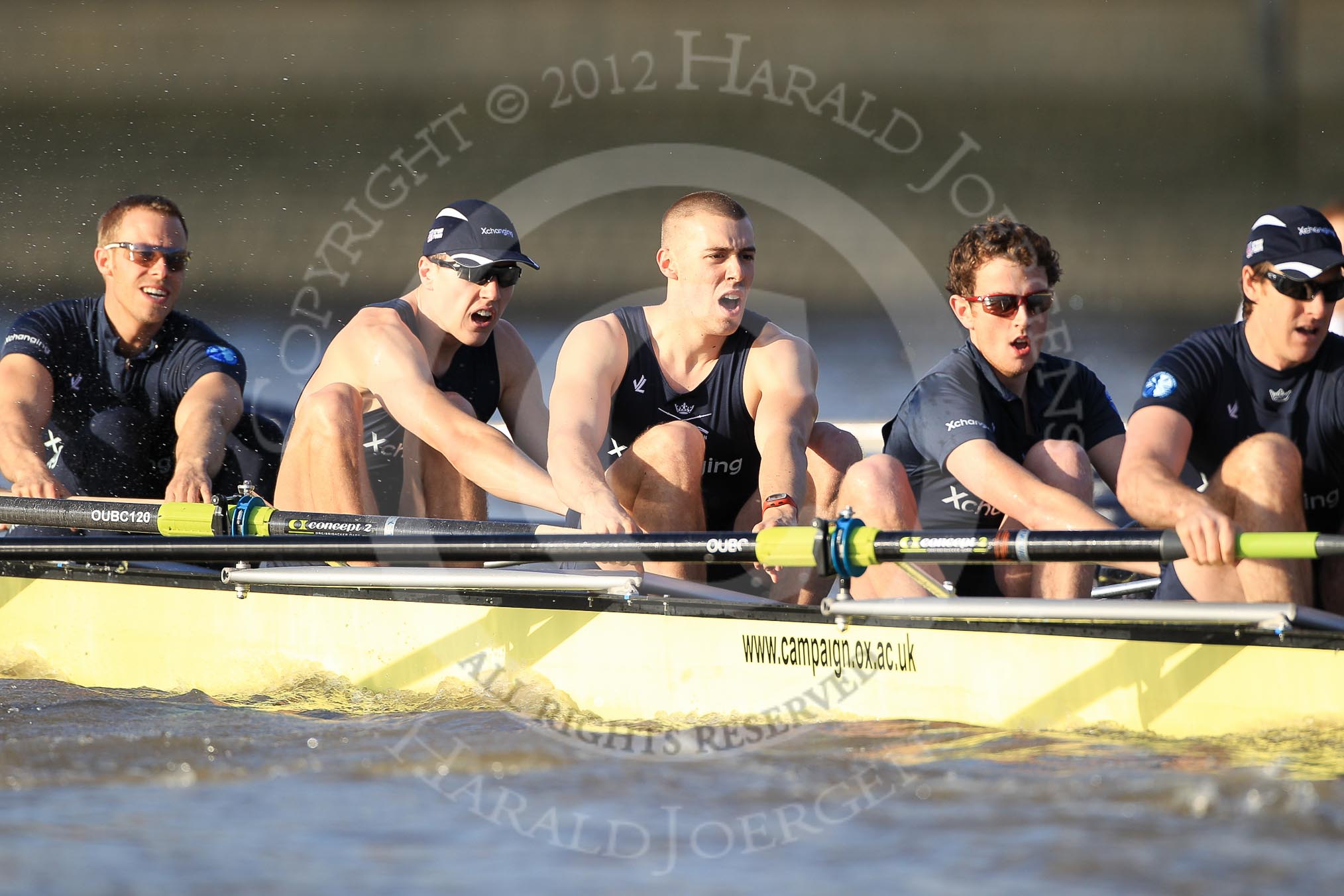 The Boat Race season 2012 - fixture OUBC vs German U23: The Oxford Blue Boat - from left to right Dr. Hanno Wienhausen, Karl Hudspith, Alex Davidson, Dan Harvey, and stern Roel Haen..
River Thames between Putney and Mortlake,
London,

United Kingdom,
on 26 February 2012 at 15:26, image #54
